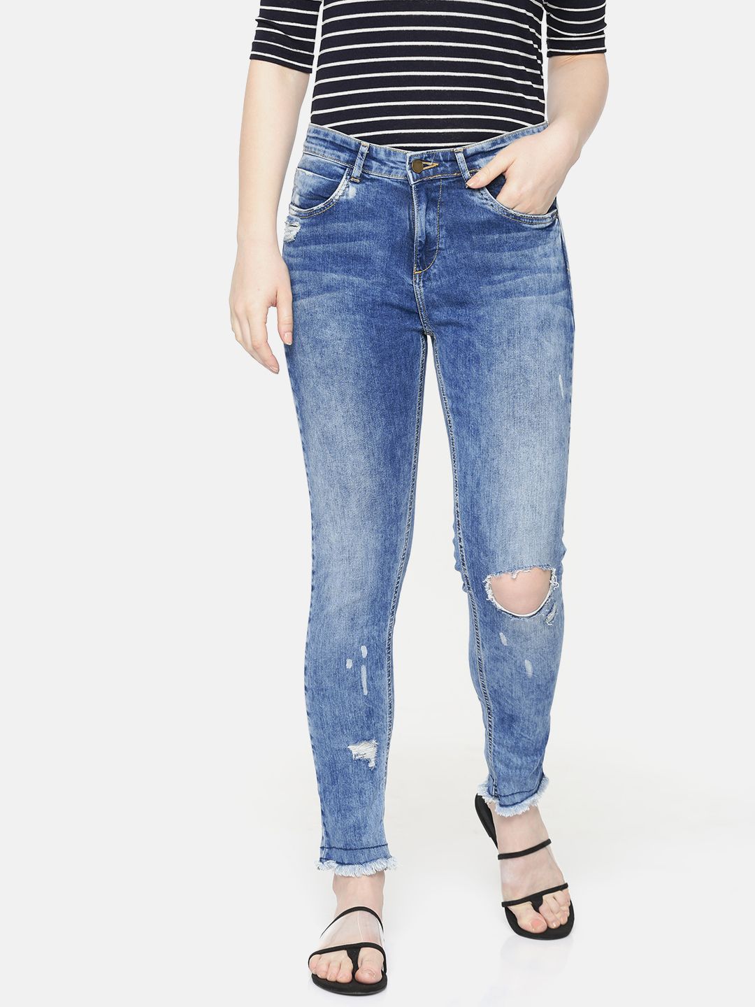 SPYKAR Women Blue Adora Skinny Fit Mid-Rise Slash Knee Stretchable Ankle Jeans Price in India