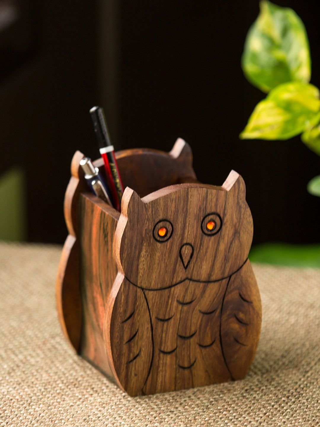 ExclusiveLane Brown Seesham Wood Hand Carving Owl Motif Desk Organizer Price in India