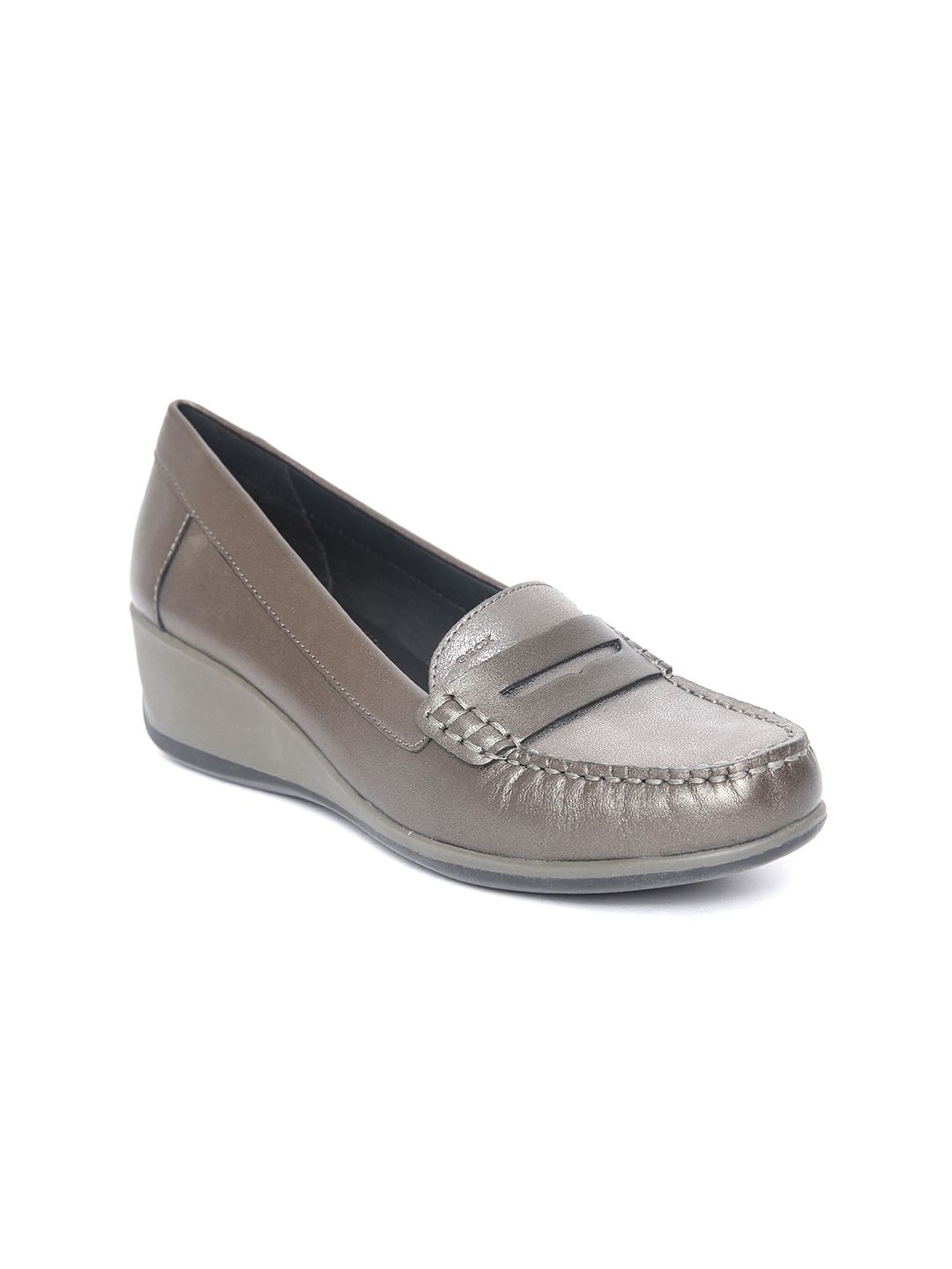 Geox Women Gunmetal-Toned Solid Leather Heeled Loafers Price in India