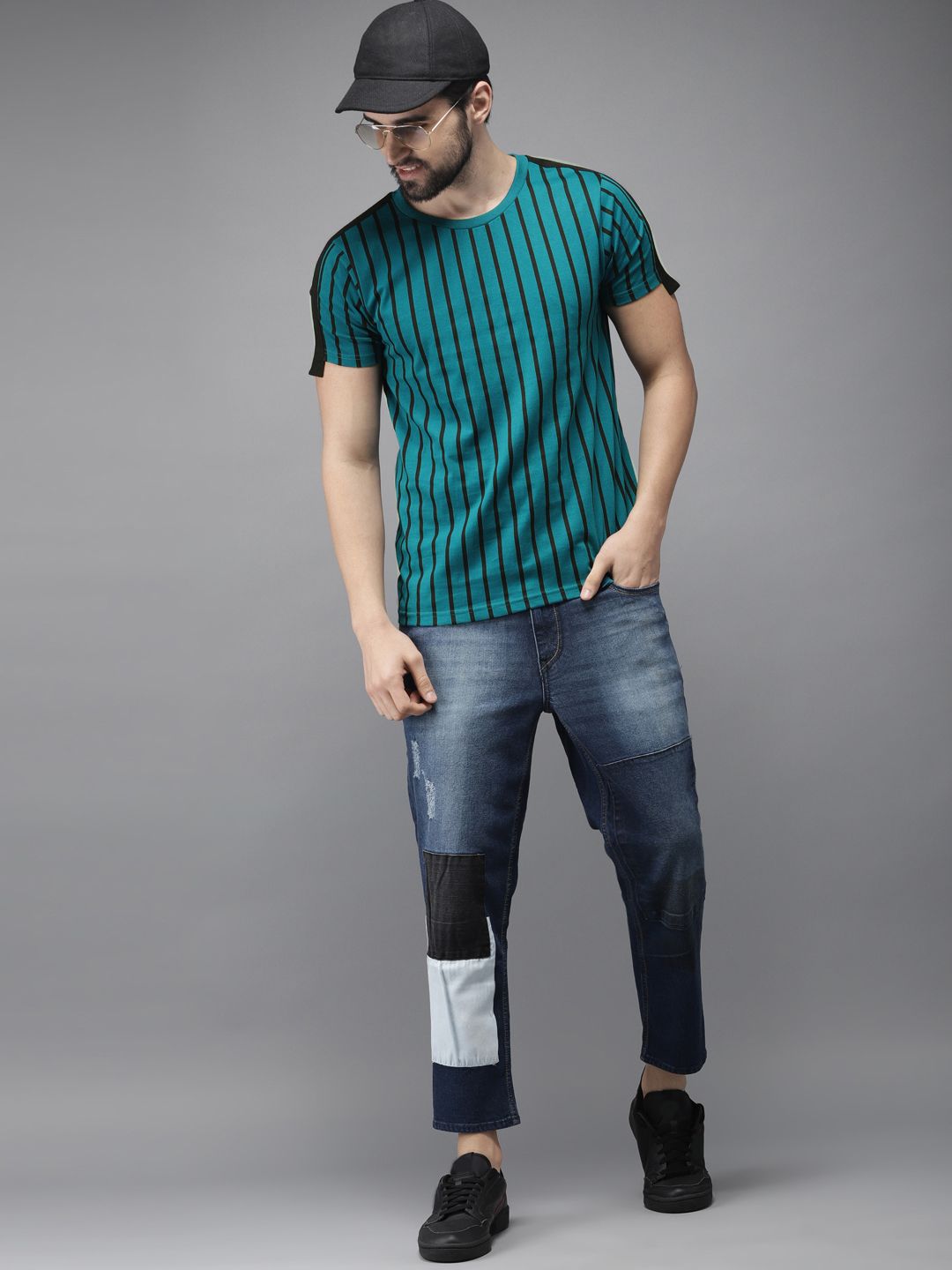 HERE&NOW Men Teal Blue & Black Striped Round Neck T-shirt