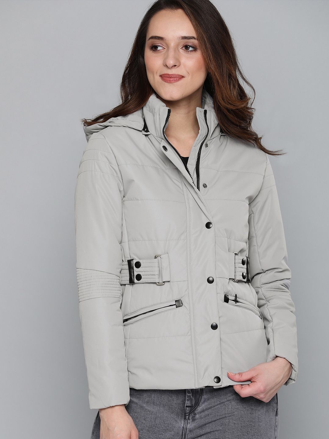 HERE&NOW Women Grey Solid Padded Jacket Price in India