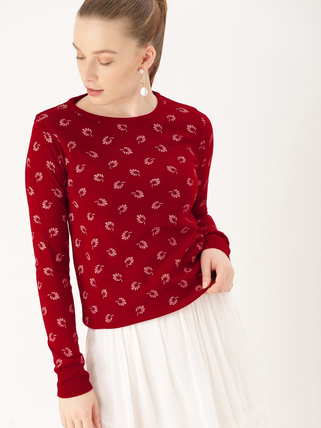 DressBerry Women Maroon & Pink Printed Sweater Price in India