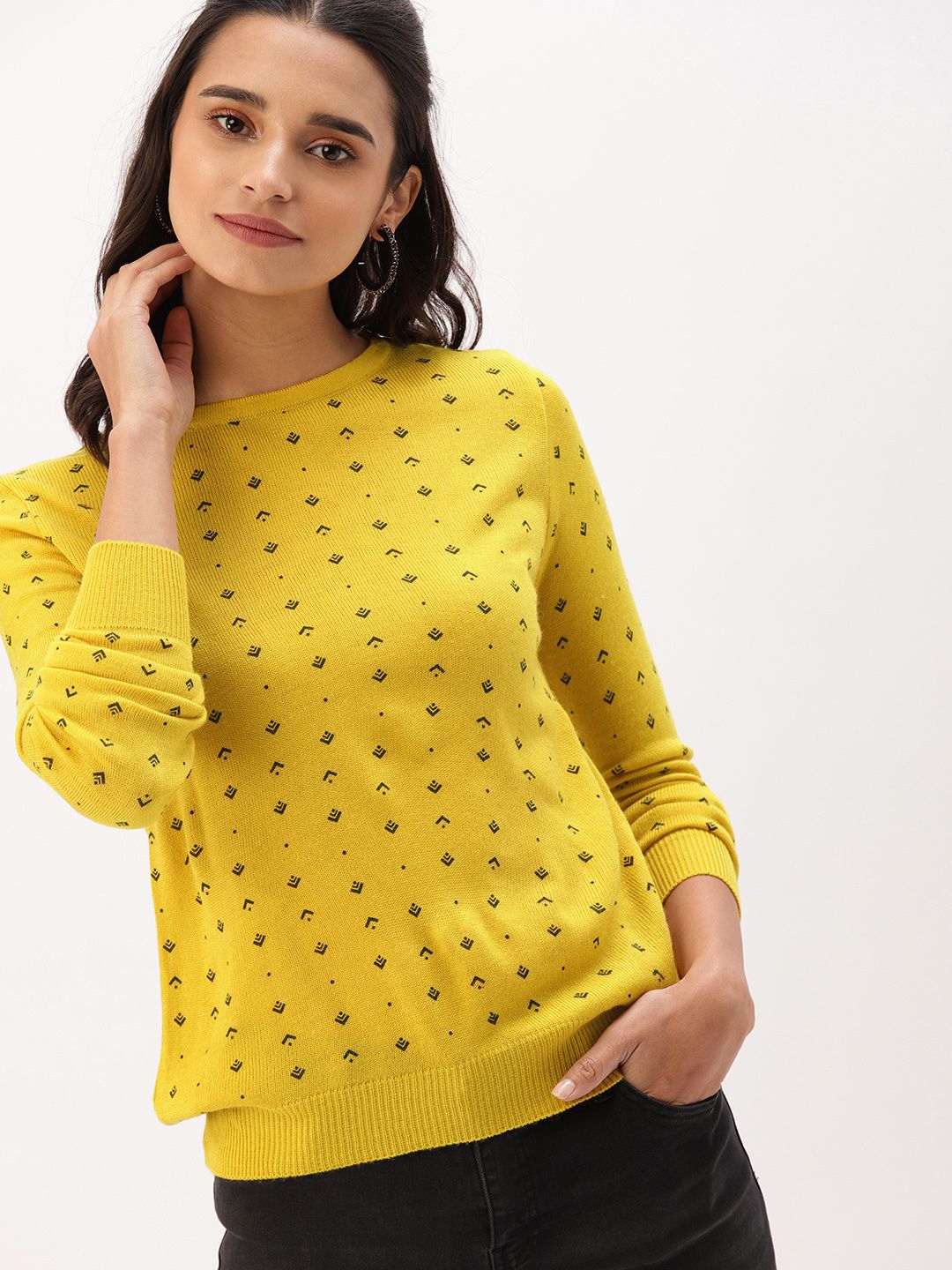 DressBerry Women Yellow Printed Sweater Price in India