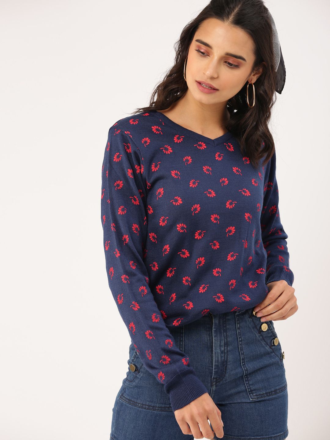 DressBerry Women Navy Blue Printed Sweater Price in India