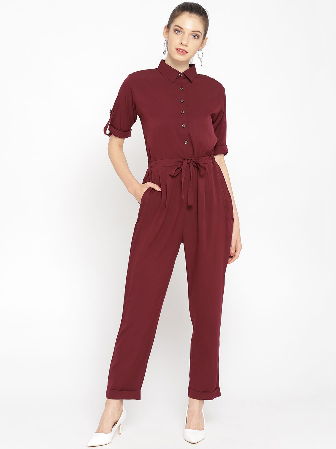 Cottinfab Women Burgundy Solid Basic Jumpsuit Price in India