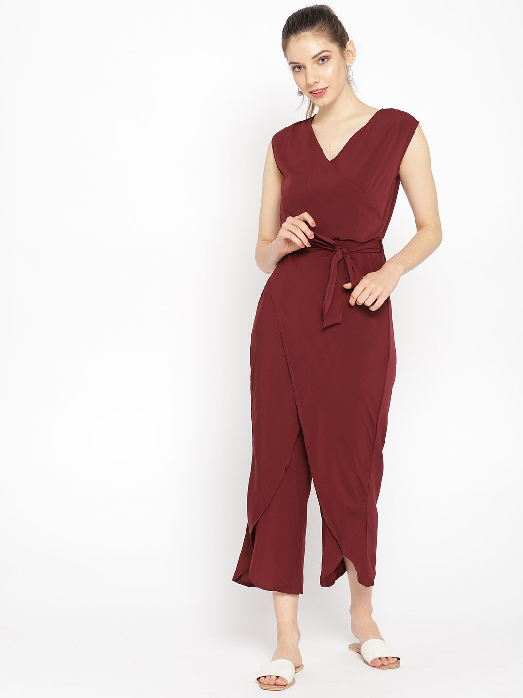 Cottinfab Women Burgundy Solid Layered Culotte Jumpsuit Price in India