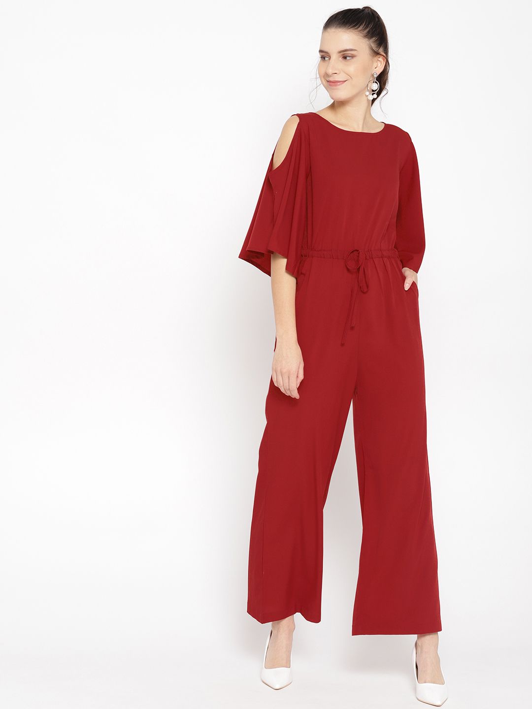 Cottinfab Women Maroon Solid Basic Jumpsuit Price in India