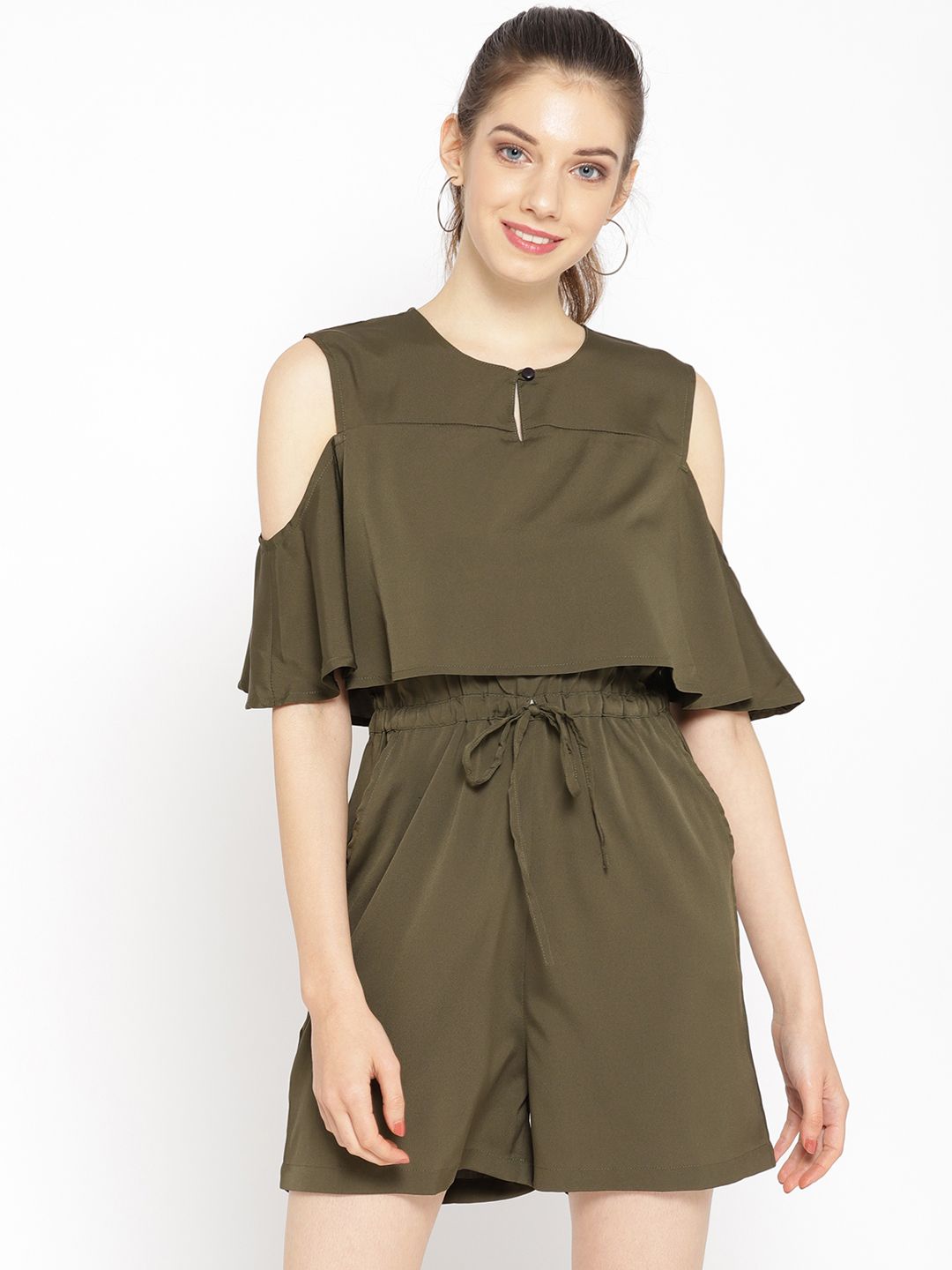 Cottinfab Women Olive Brown Solid Layered Playsuit Price in India