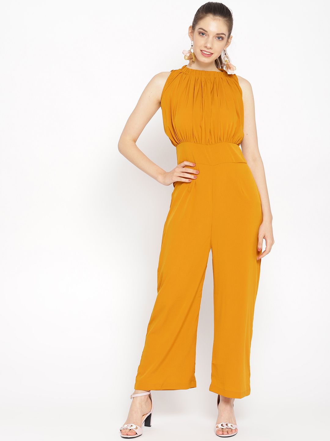 Cottinfab Women Mustard Yellow Solid Basic Jumpsuit Price in India