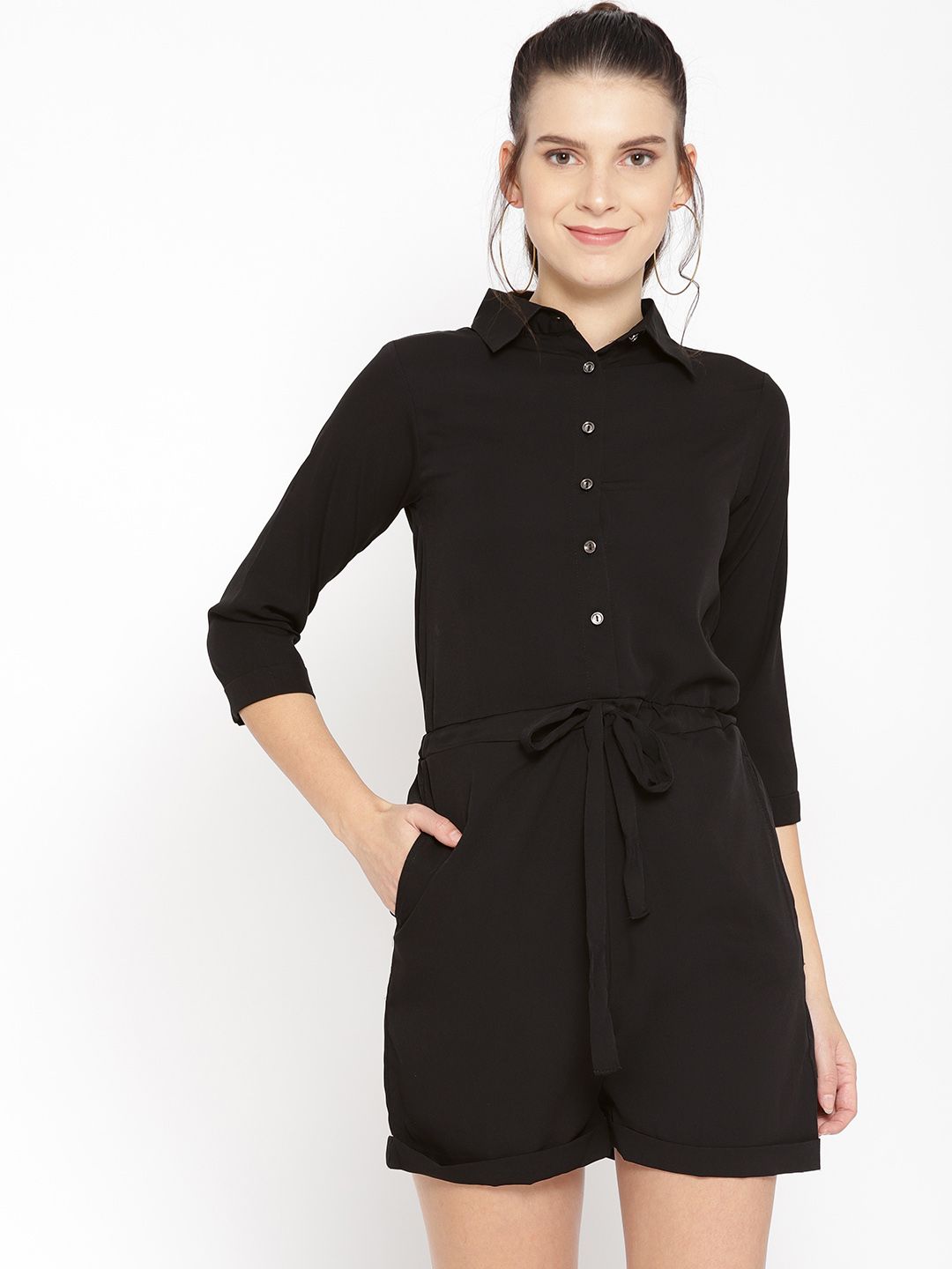 Cottinfab Women Black Solid Playsuit Price in India