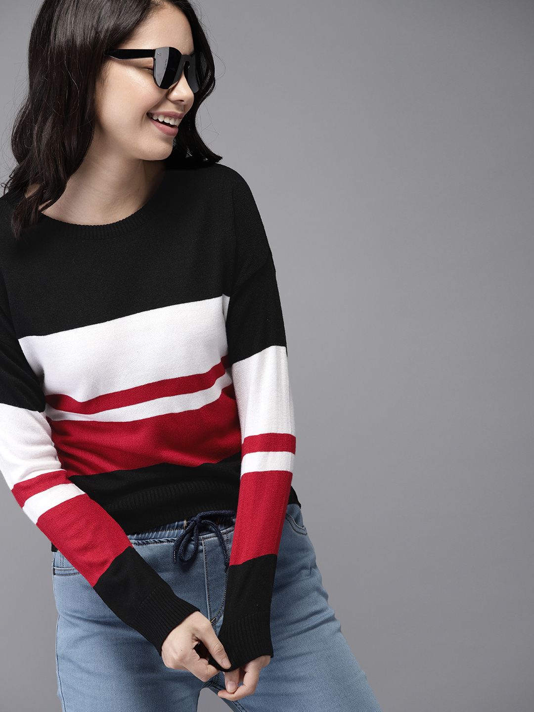 HERE&NOW Women Black & White Colourblocked Sweater Price in India