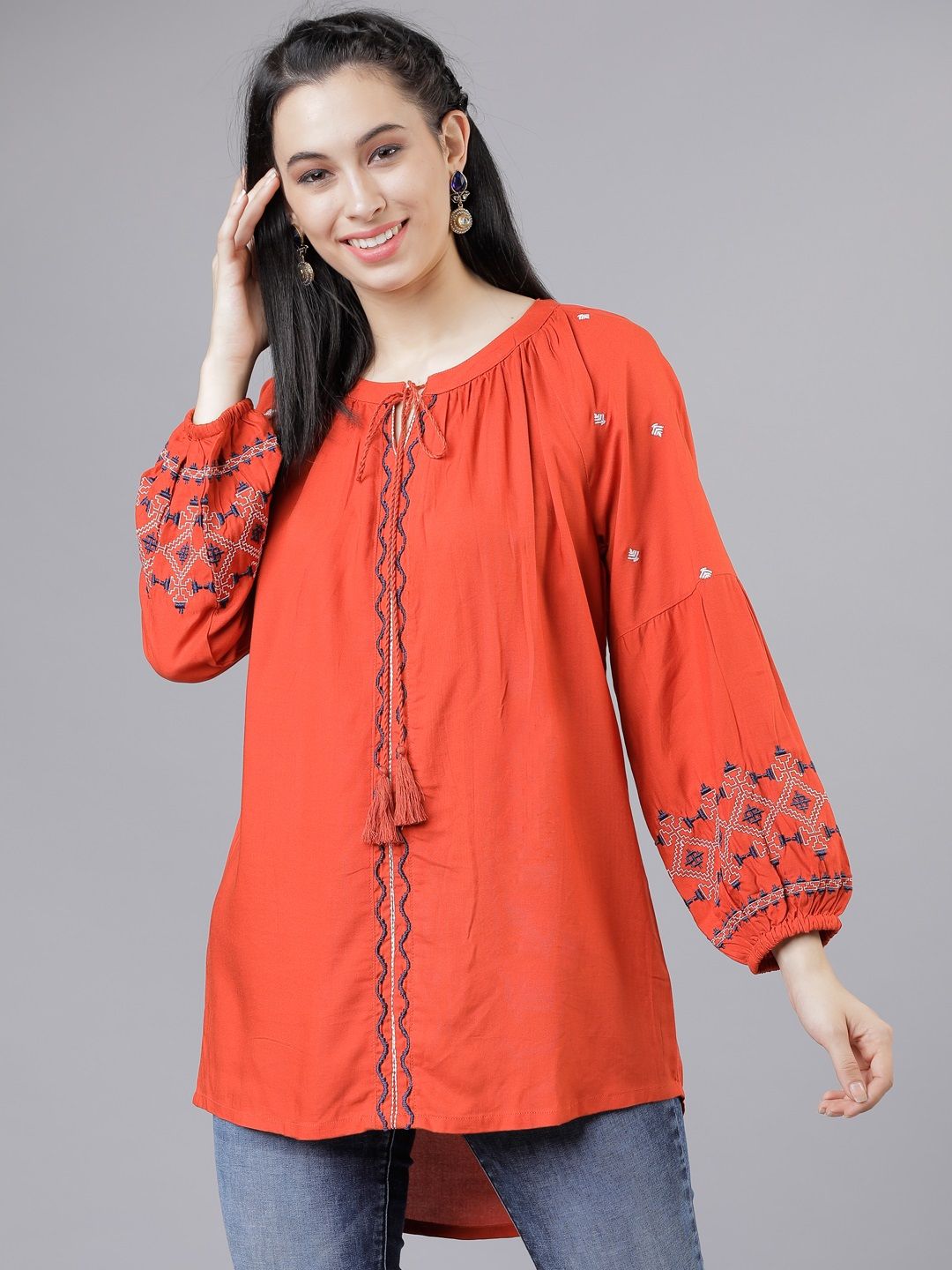 Vishudh Women Rust Orange Printed High-Low Top