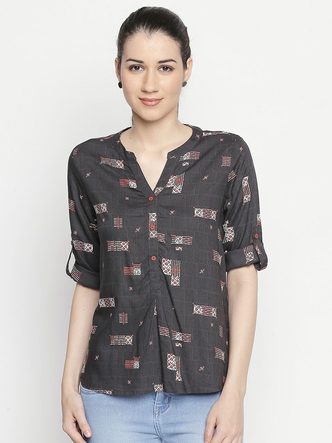 AKKRITI BY PANTALOONS Women Grey Printed Shirt Style Top