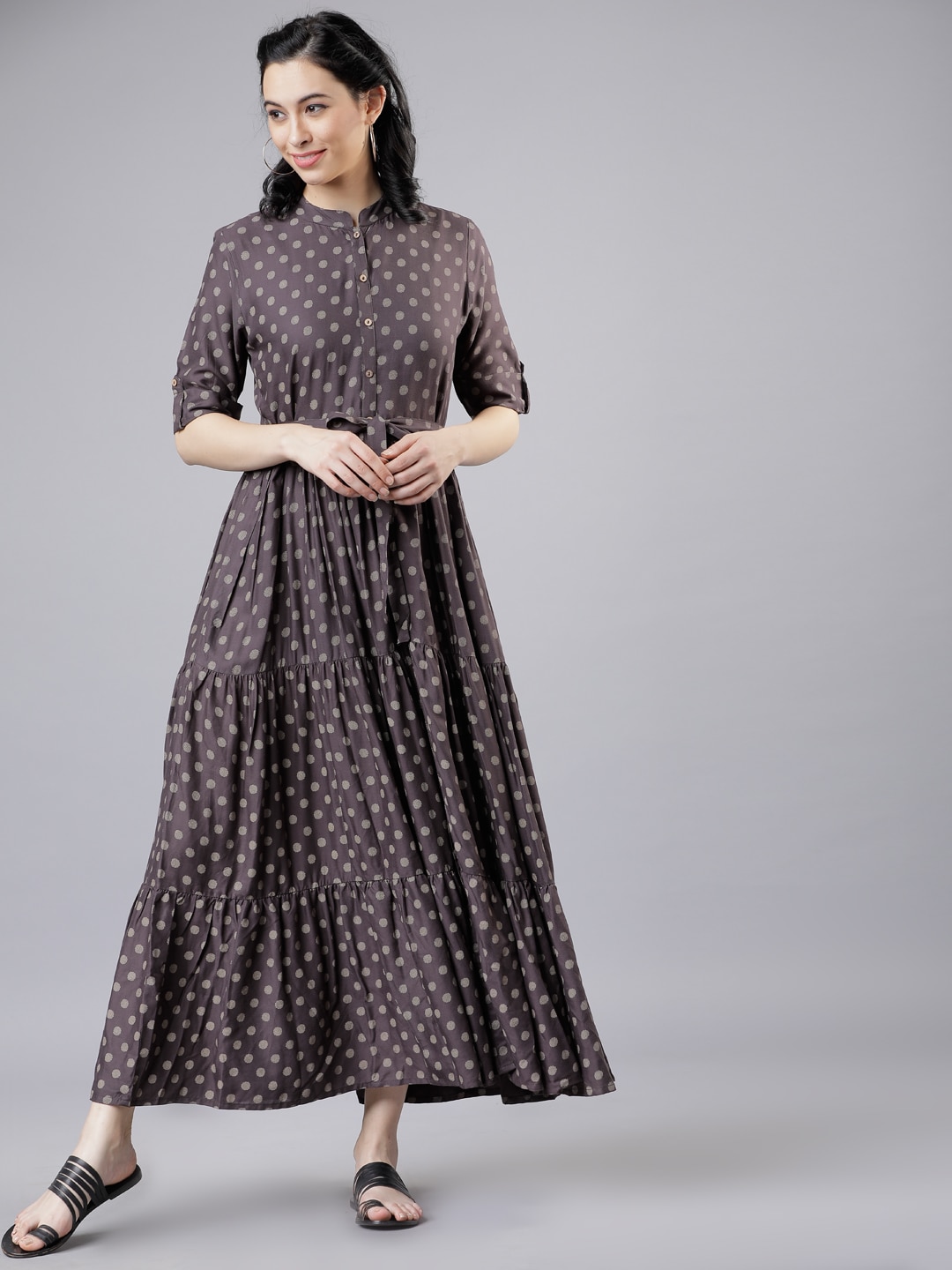 Vishudh Women Grey Printed Tiered Maxi Dress Price in India