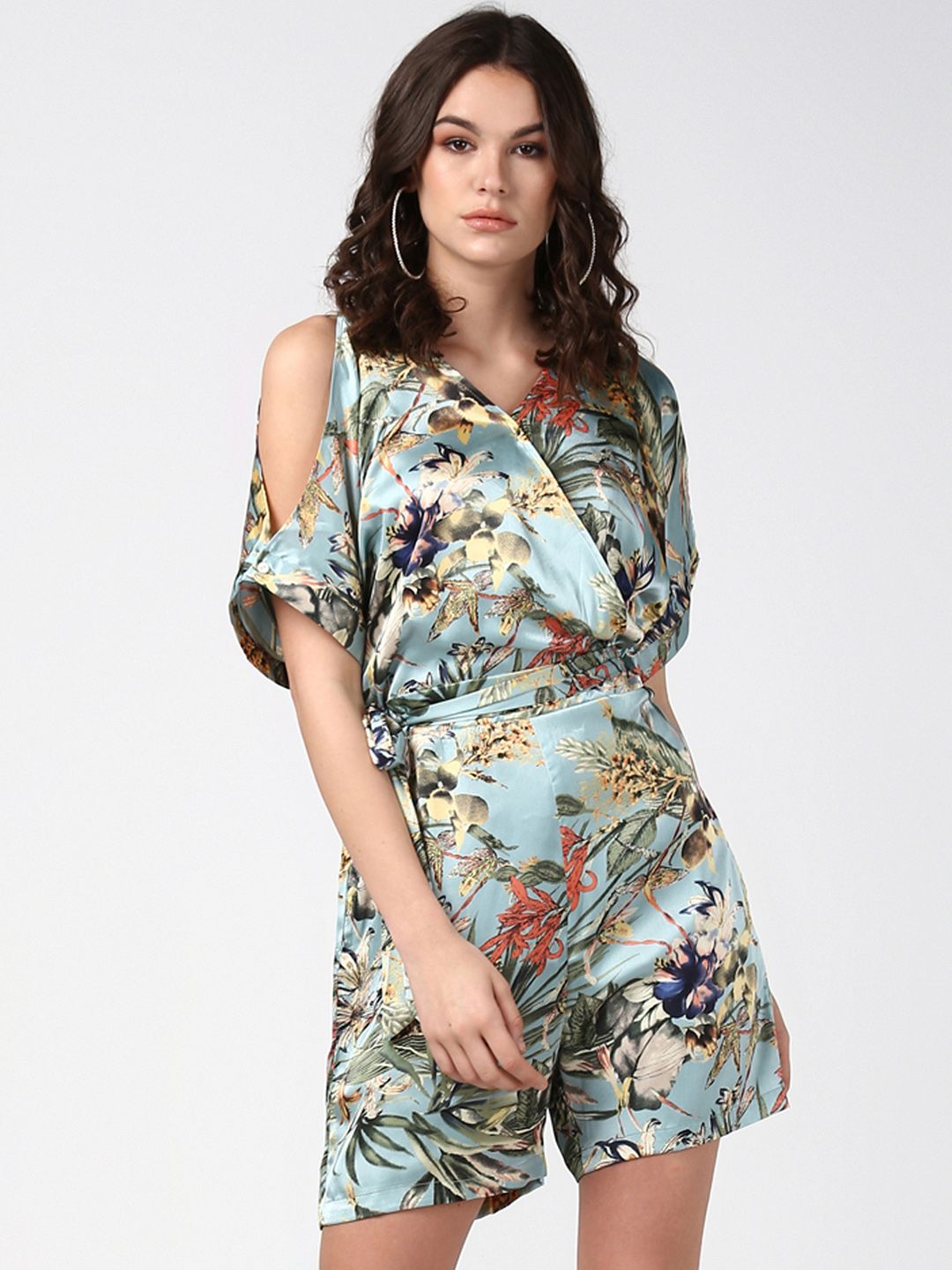 StyleStone Women Blue & Olive Green Tropical Print Cold Shoulder Playsuit Price in India