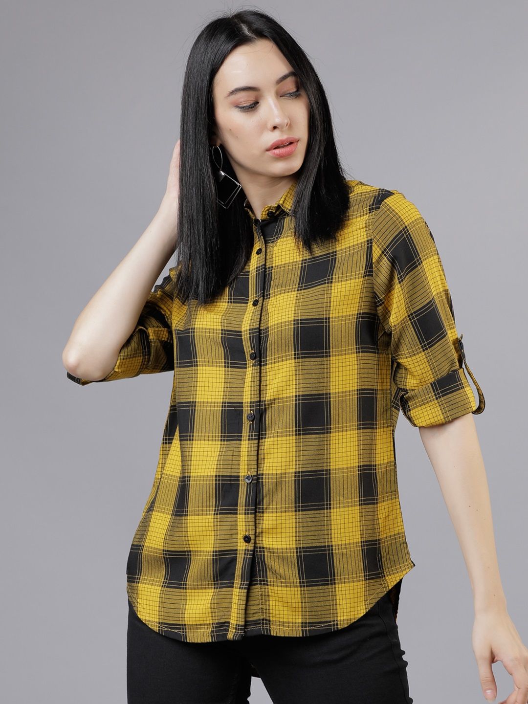 Tokyo Talkies Women Mustard Regular Fit Checked Casual Shirt