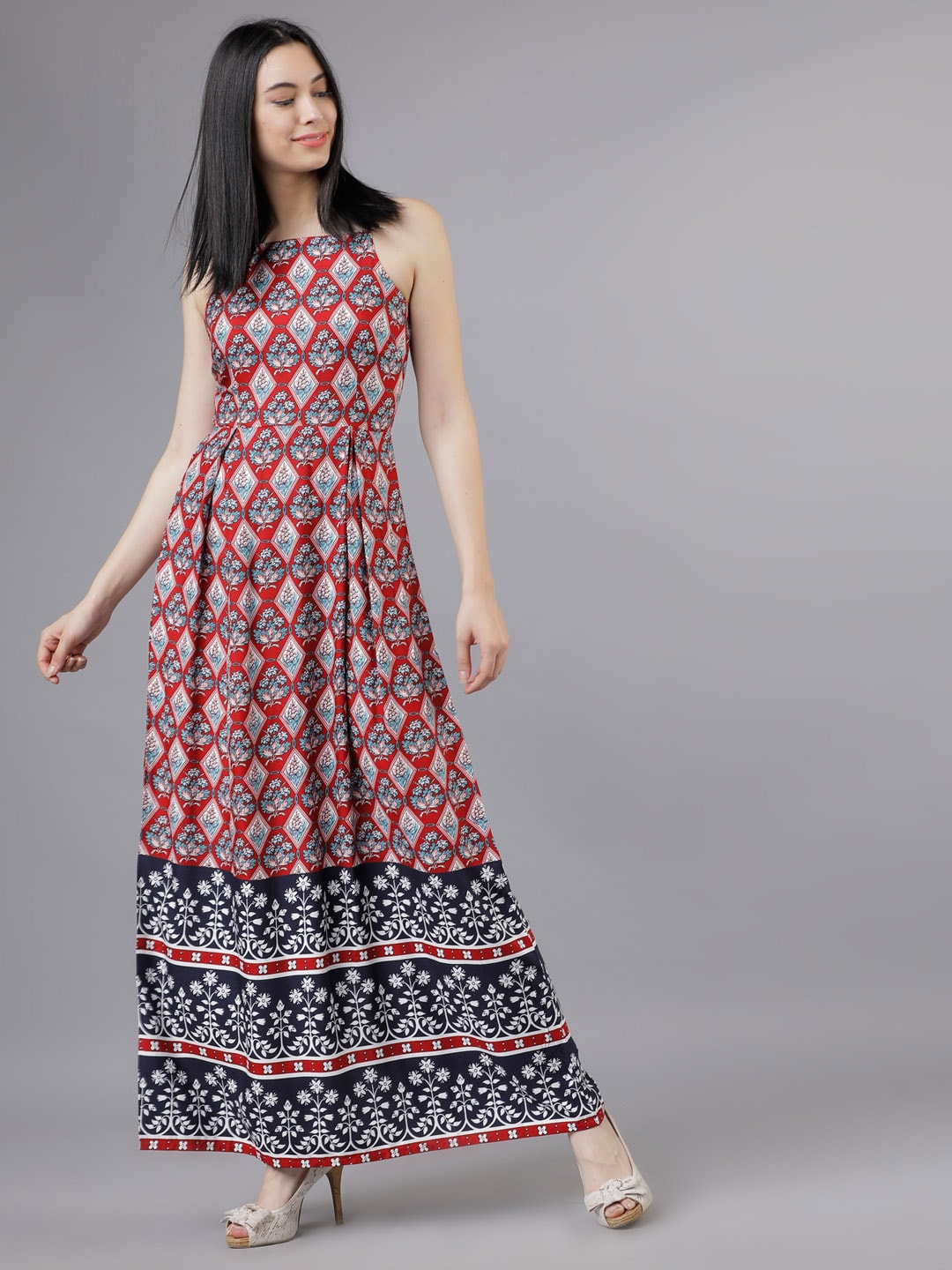 Tokyo Talkies Maroon Boho Print Viscose Maxi Strappy Dress Price in India