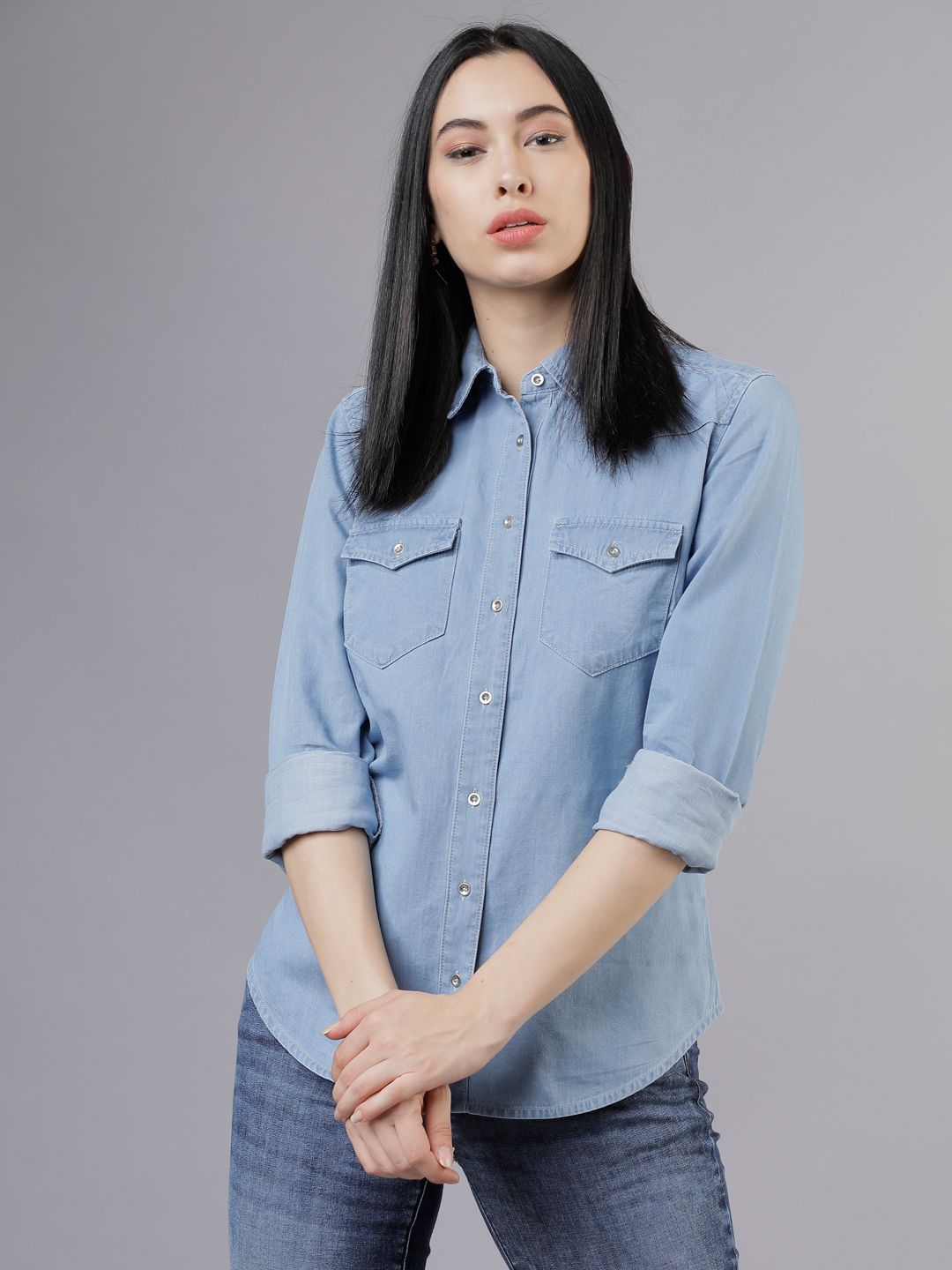 Tokyo Talkies Women Blue Slim Fit Solid Casual Shirt