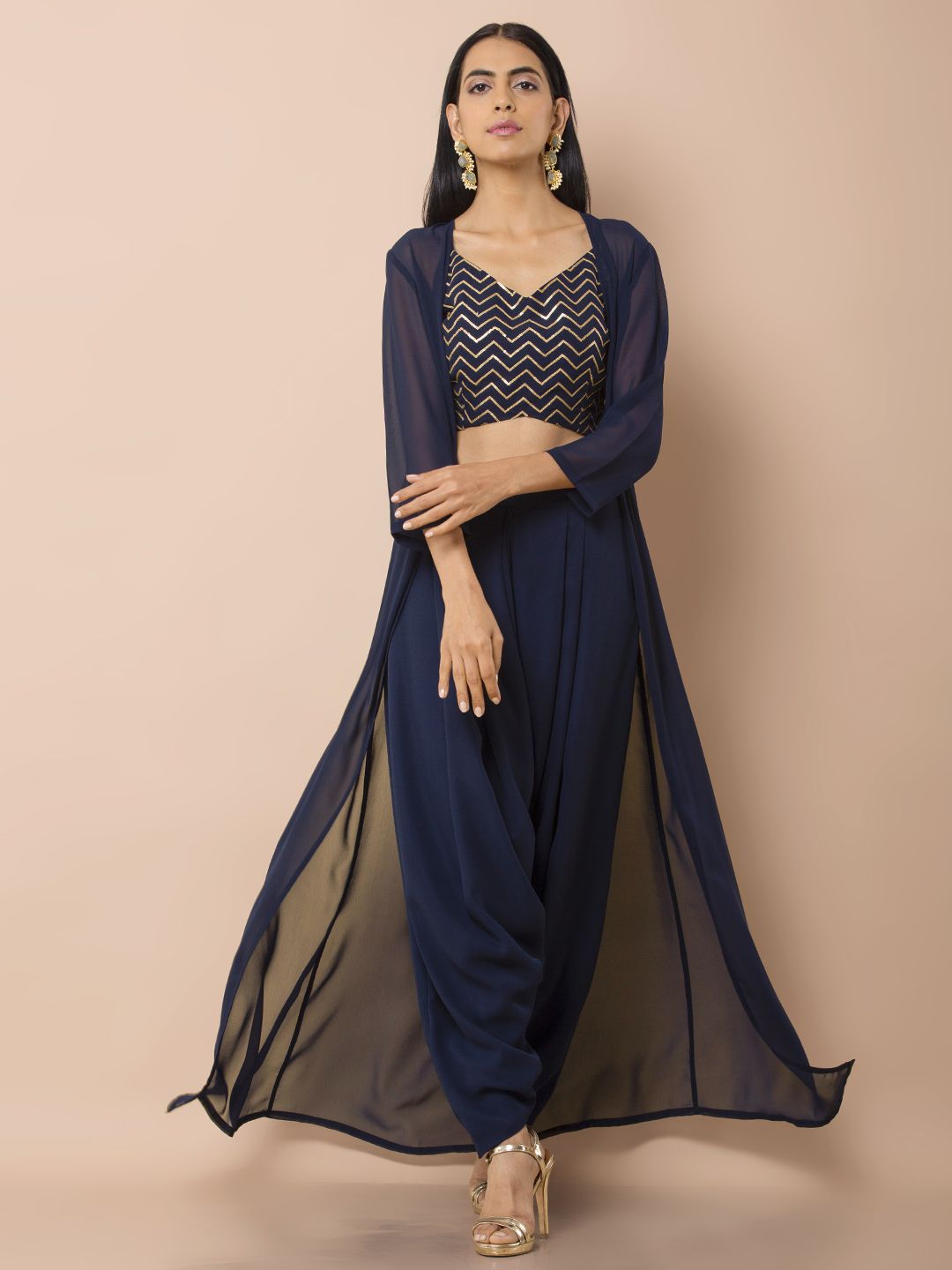 INDYA Women Navy Blue Solid Open Front Shrug Price in India
