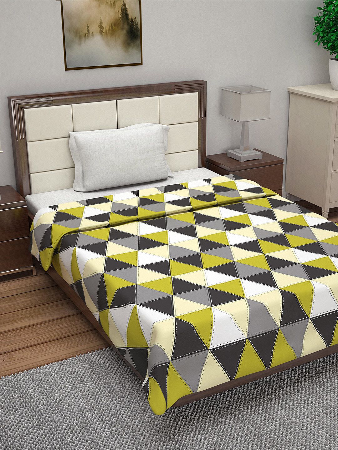 Divine Casa Olive Green & Beige Geometric Reversible AC Room 110 GSM Single Bed Dohar Price in India