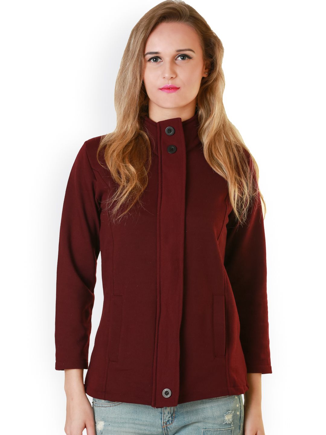 Belle Fille Women Maroon Solid Sporty Jacket Price in India