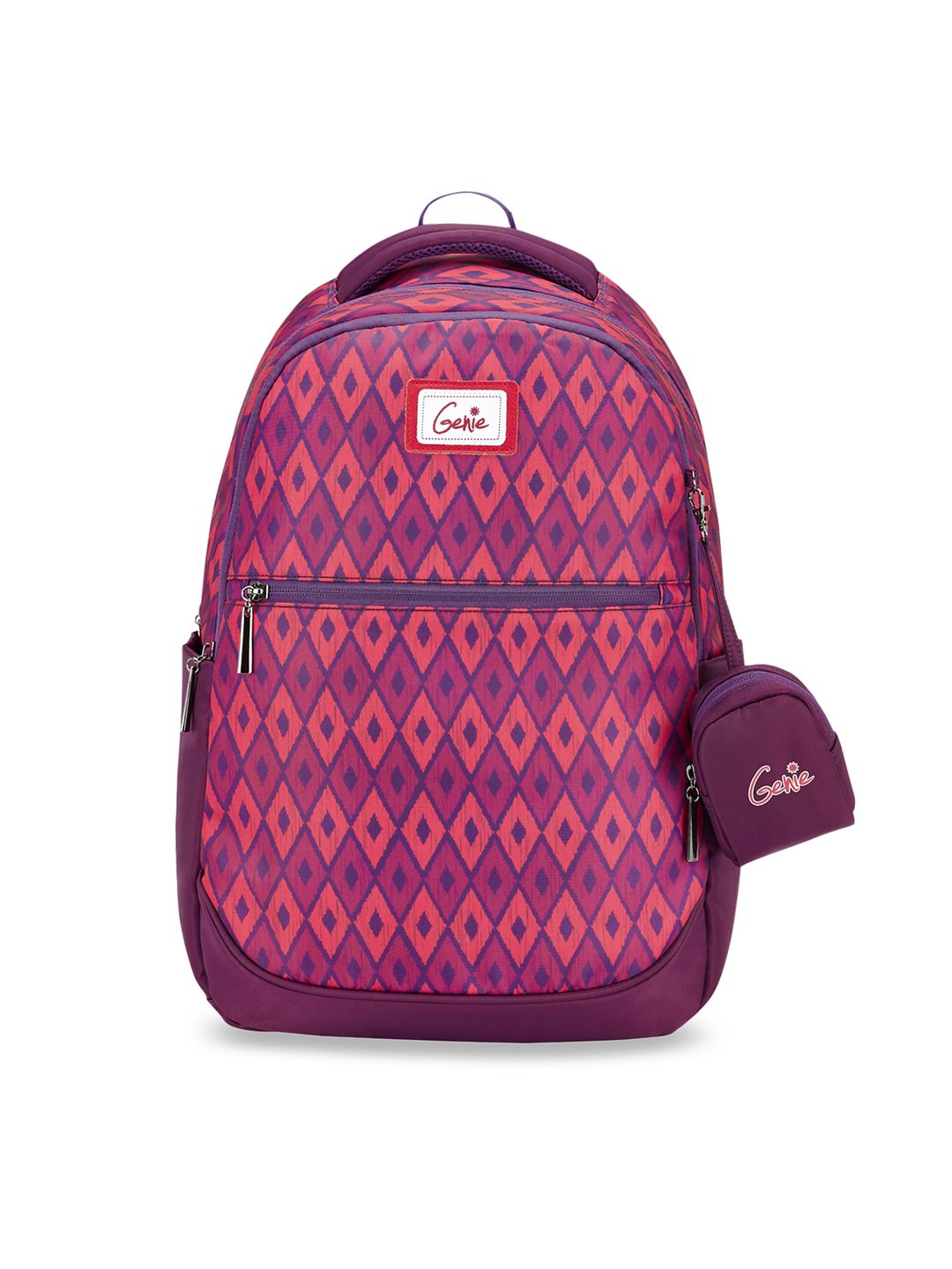 Genie Women Purple & Coral Pink Geometric Pattern 17 inches Laptop Backpack with Pouch Price in India