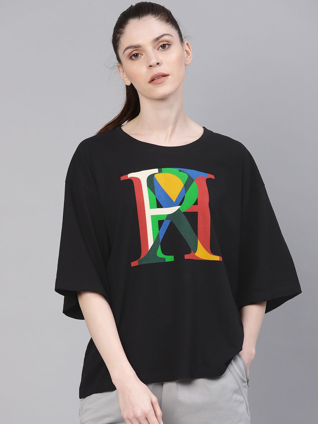 HRX by Hrithik Roshan Women Black  Green Printed Lifestyle BOXY Fit Pure Cotton T-shirt Price in India