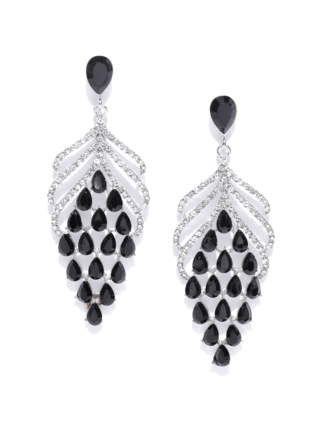 DressBerry Black & Silver-Toned Stone Studded Contemporary Drop Earrings Price in India