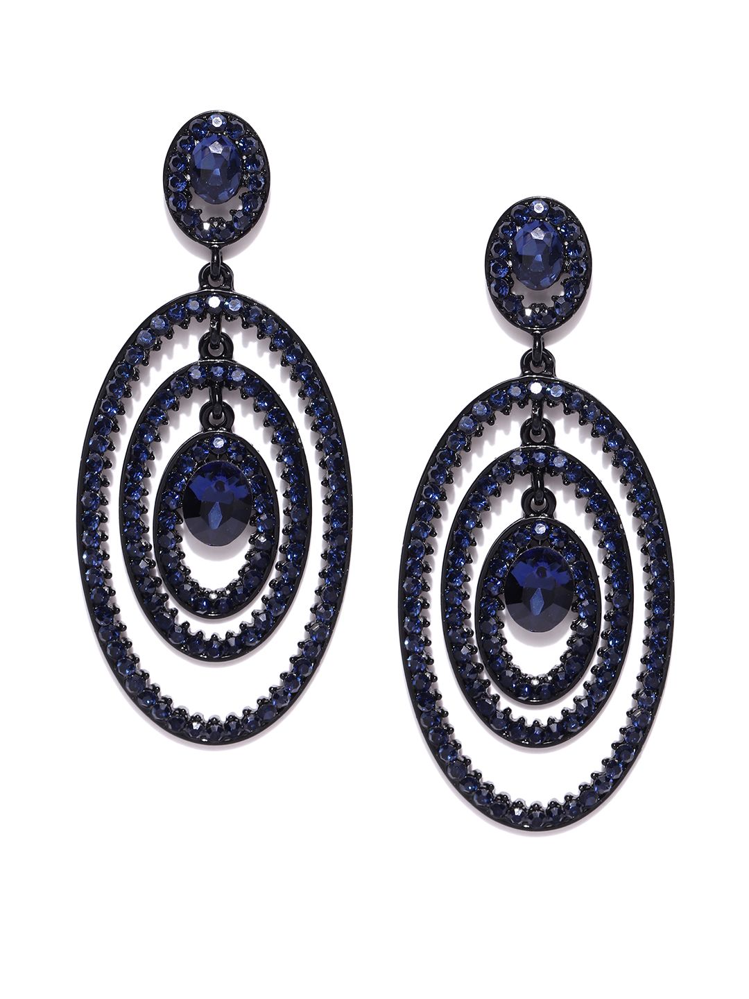 DressBerry Navy Blue Stone Studded Oval Drop Earrings Price in India