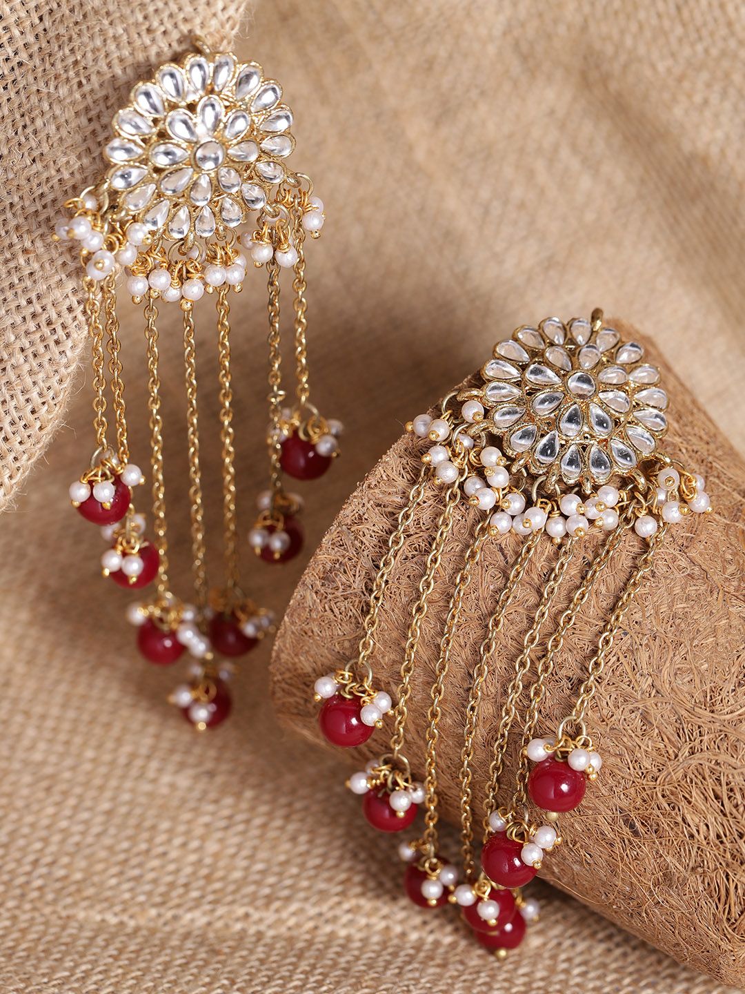 KARATCART Maroon Gold-Plated Floral Beaded Drop Earrings Price in India