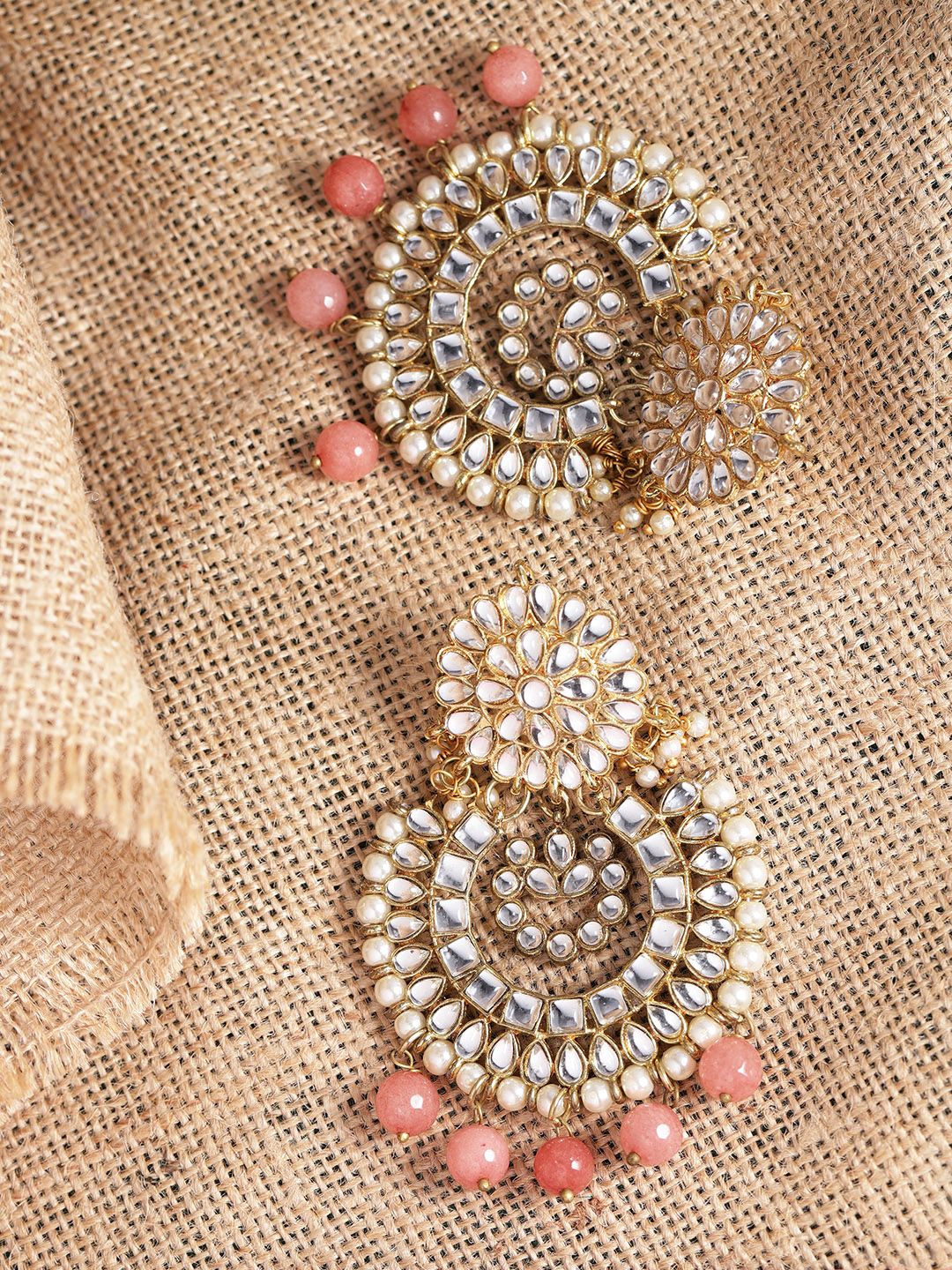 KARATCART Peach-Coloured & Off-White Gold-Plated Stone-Studded Crescent Shaped Chandbalis Price in India