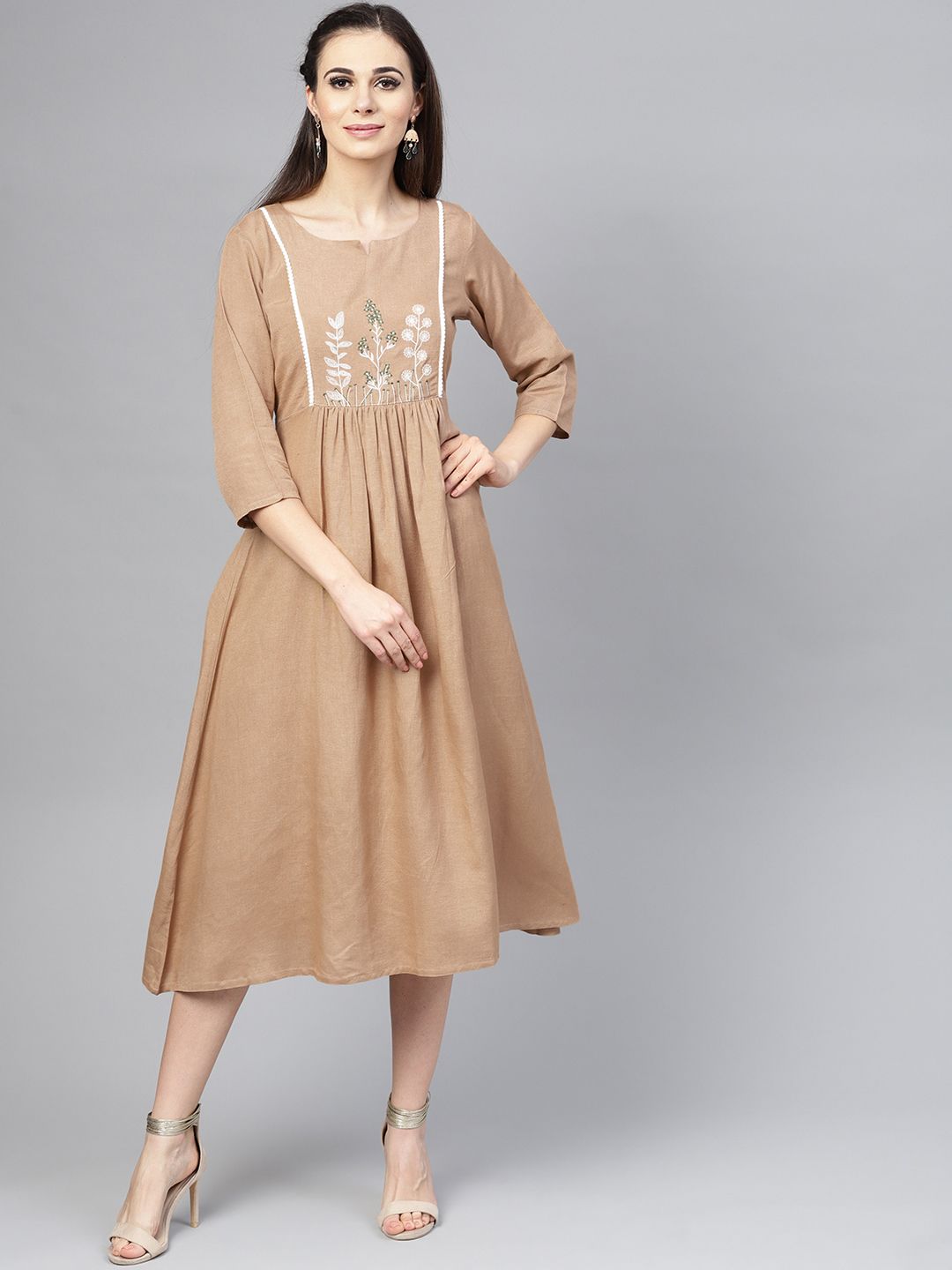 Varanga Women Beige Embroidered Detail Fit and Flare Dress Price in India