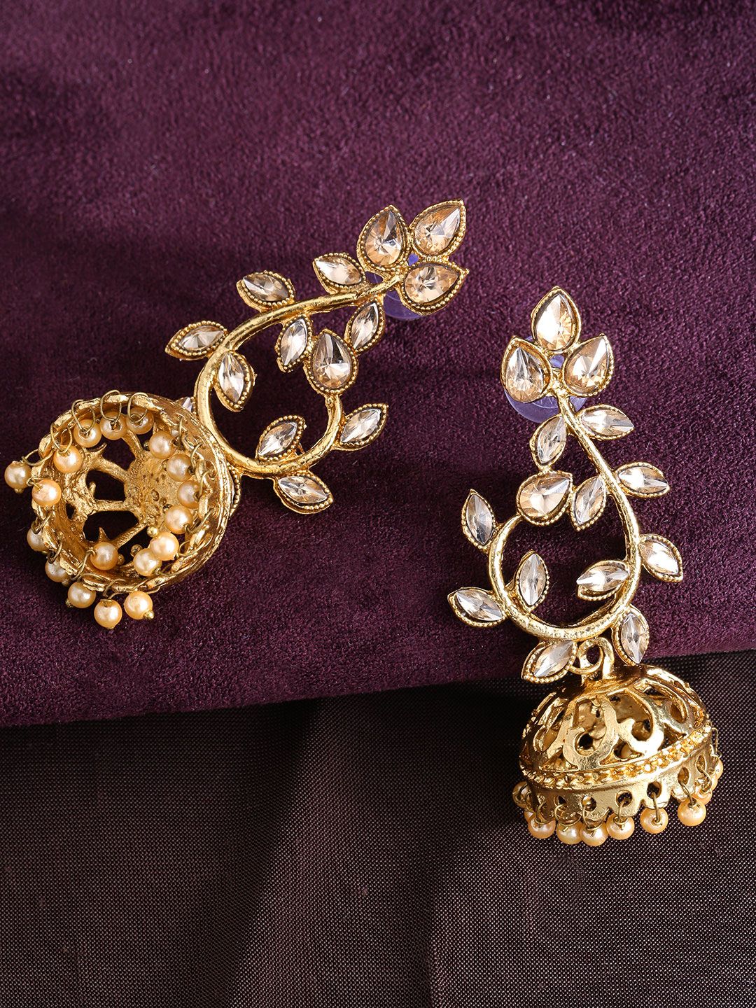 Priyaasi Gold-Plated Kundan Studded Leaf Shaped Drop Earrings Price in India