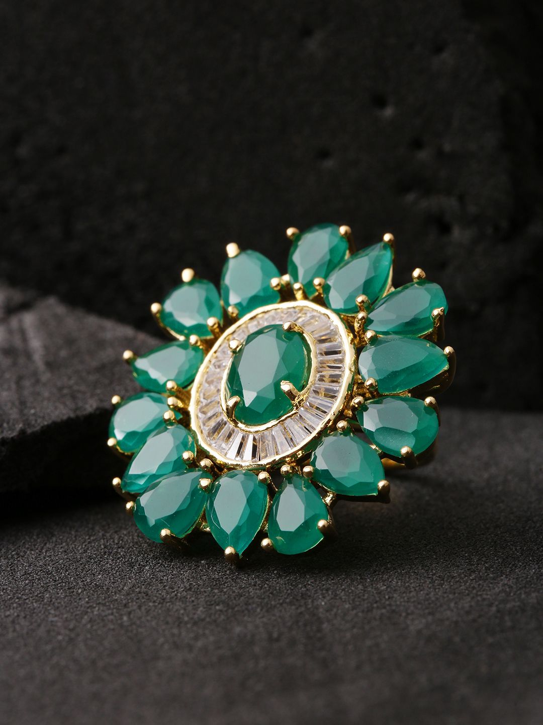 Priyaasi Women Green Gold-Plated Stone-Studded Handcrafted Adjustable Ring Price in India