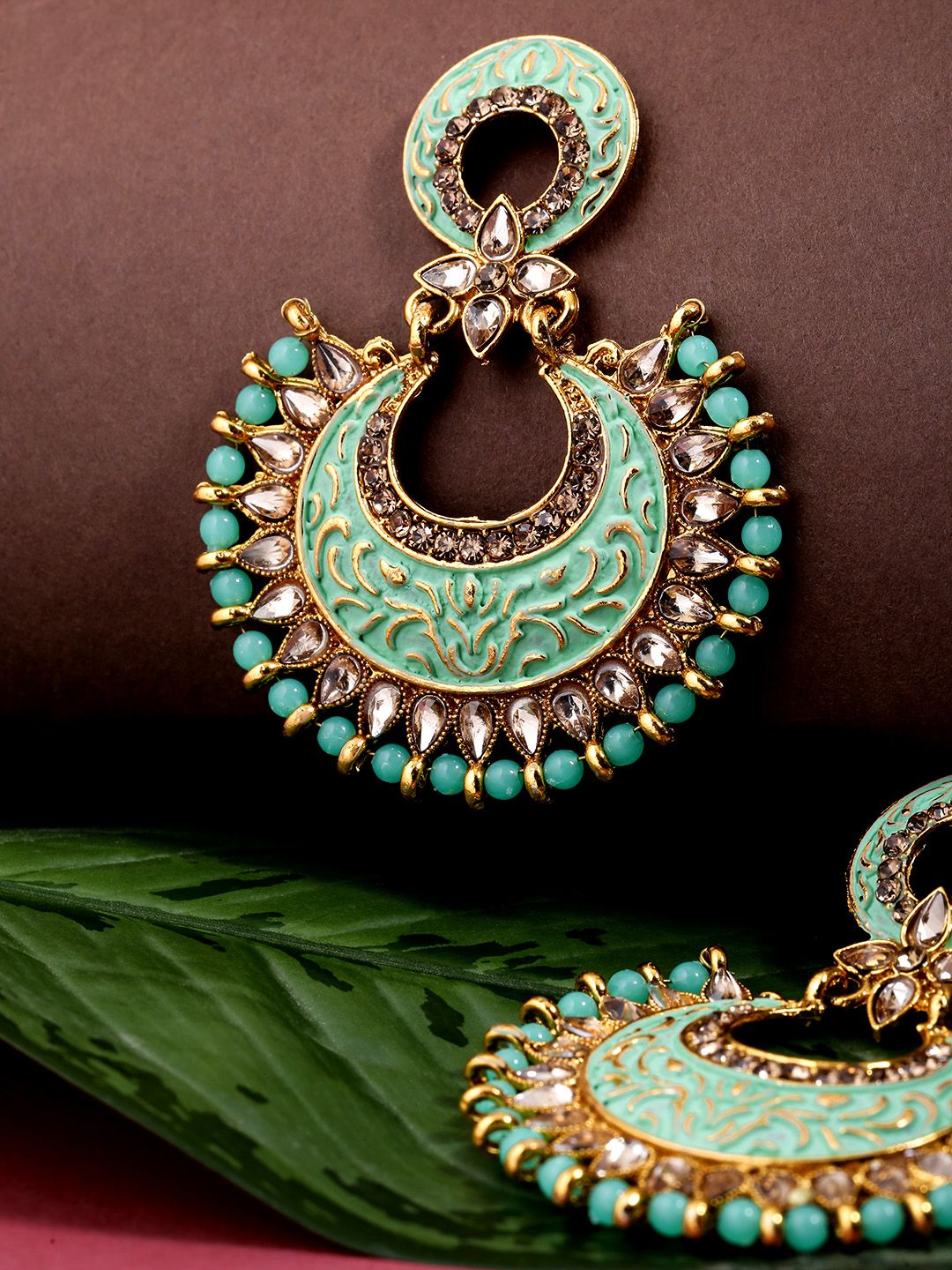 Priyaasi Mint Green Gold-Plated Crescent Shaped Chandbalis Price in India