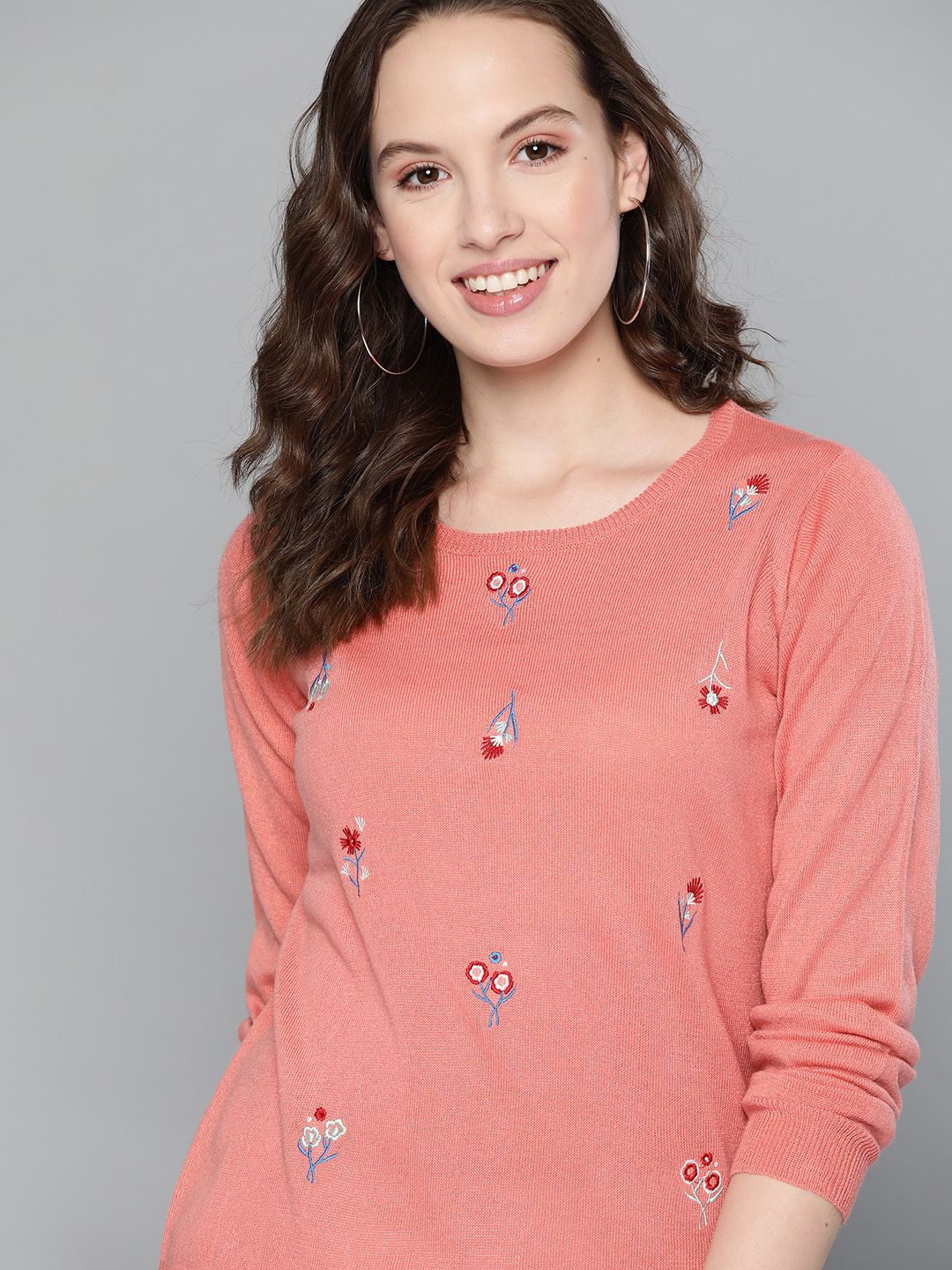 Mast & Harbour Women Peach-Coloured Embroidered Pullover Sweater Price in India