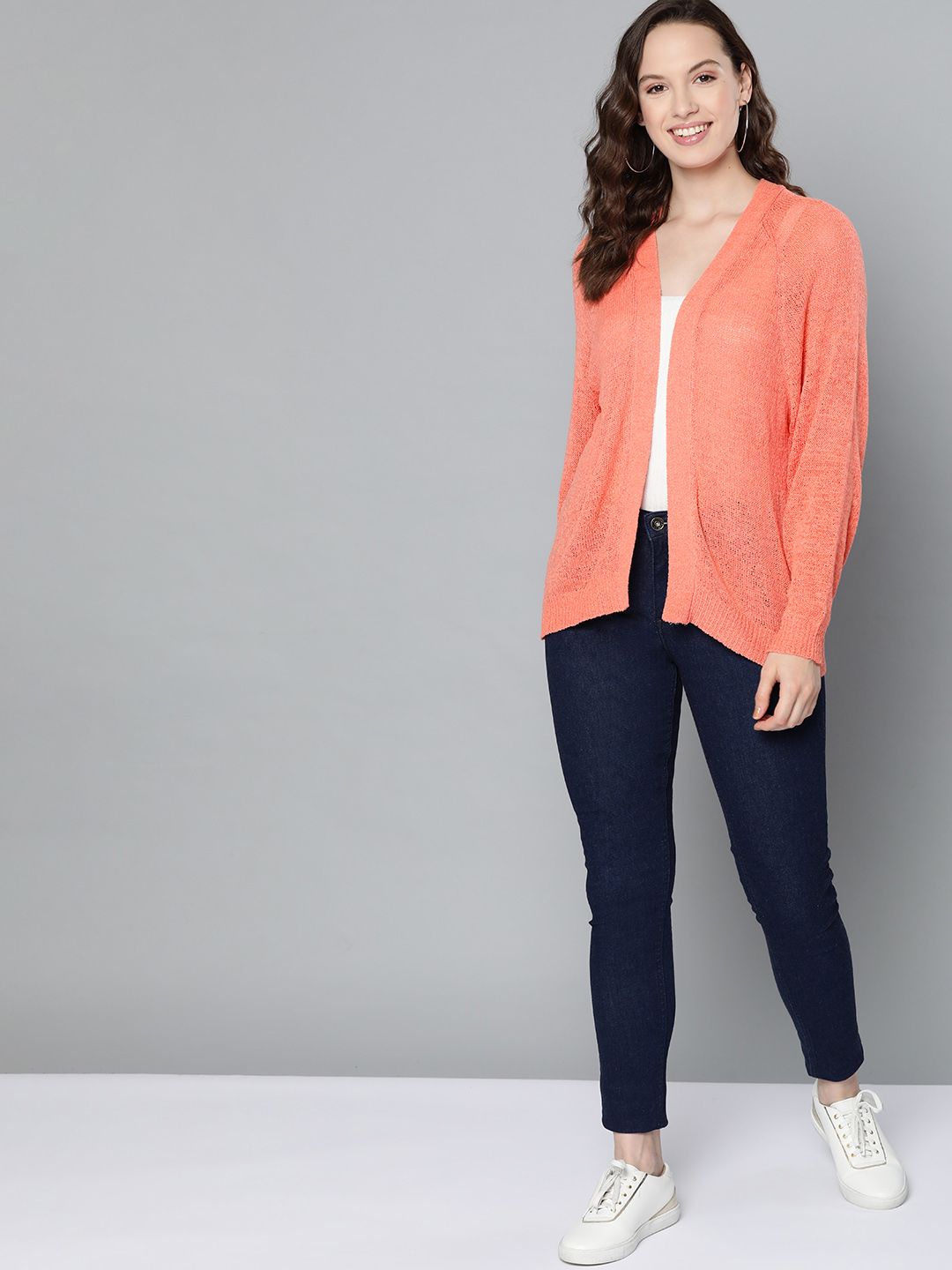 Mast & Harbour Women Peach-Coloured Solid Front-Open Cardigan Price in India