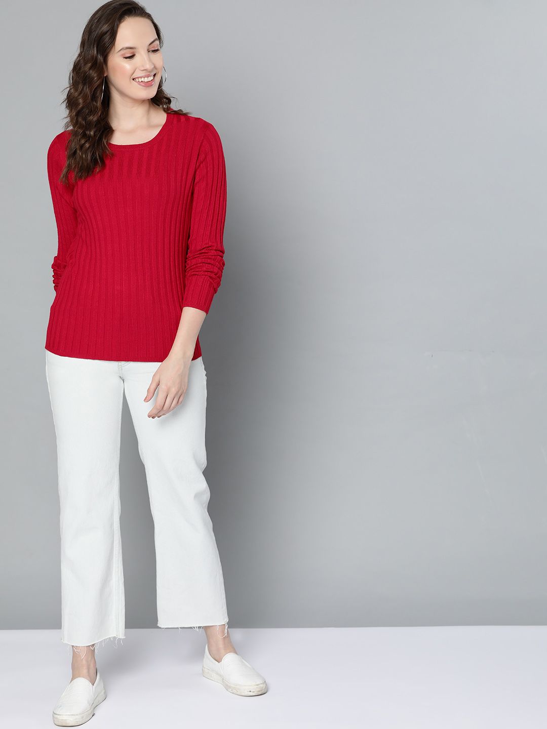 Mast & Harbour Women Red Self-Striped Pullover Sweater Price in India