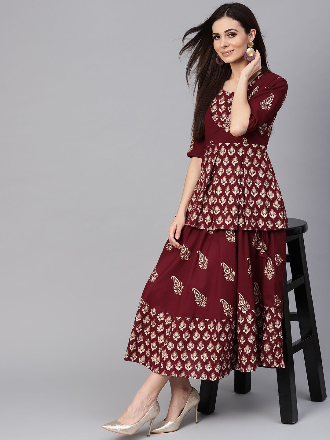 Libas Women Maroon & Grey Block Print Layered A-Line Dress