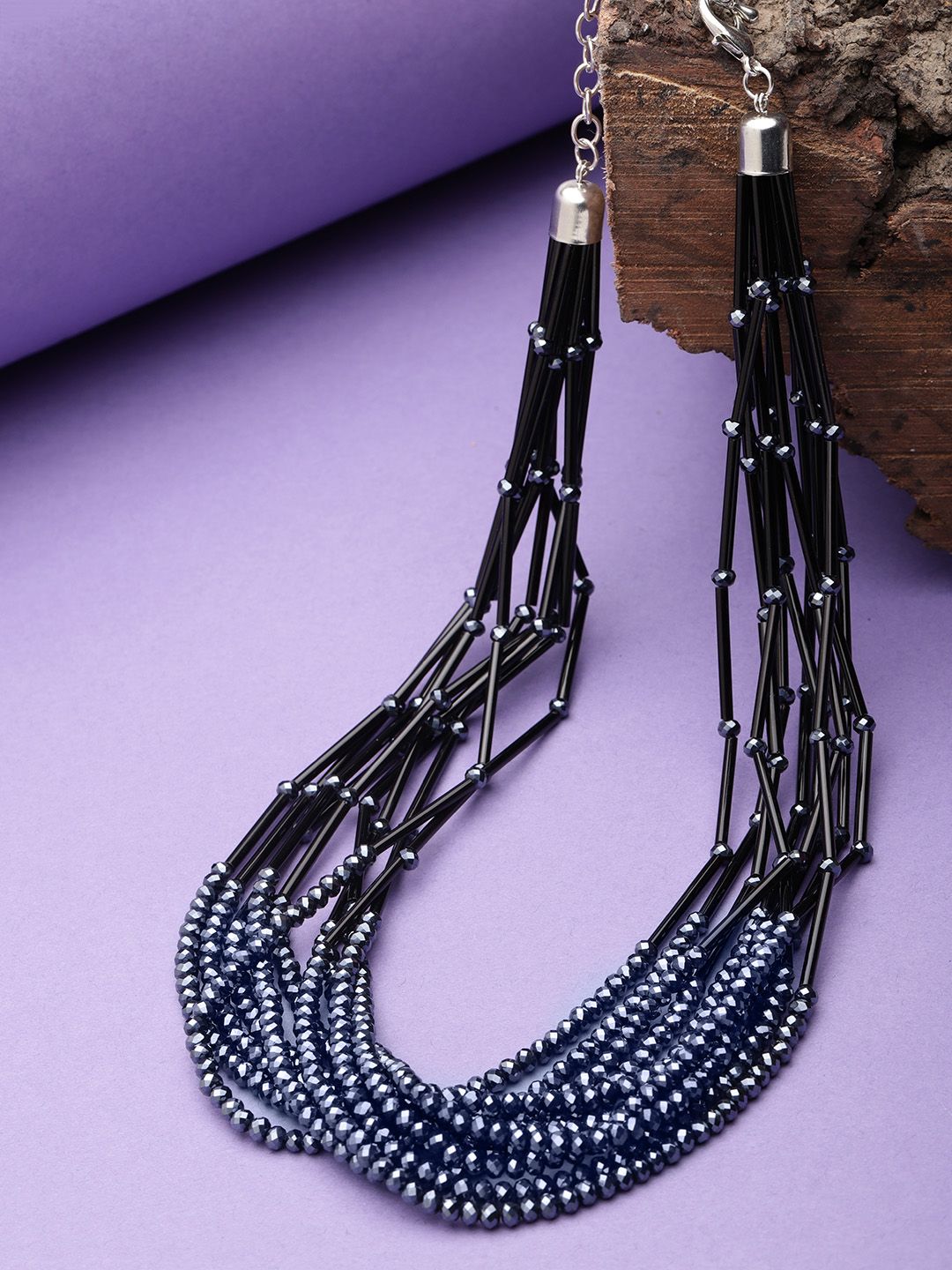 Jewels Galaxy Black & Gunmetal-Toned Copper-Plated Beaded Multi-Stranded Necklace Price in India
