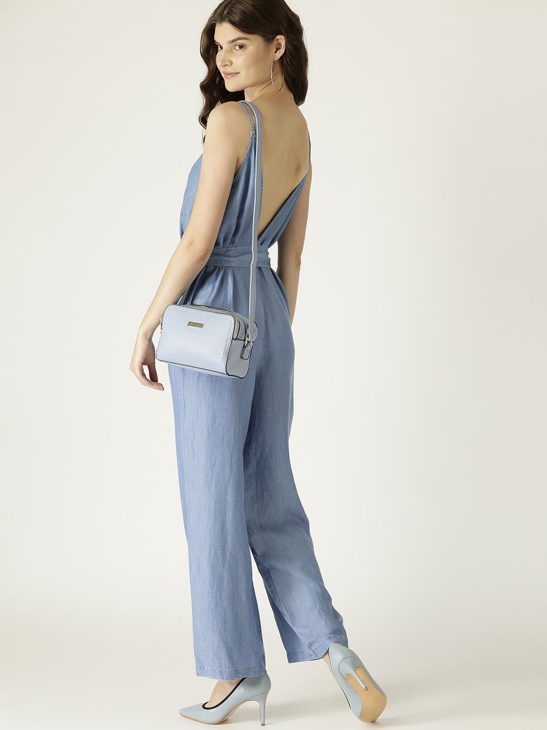 MANGO Women Blue Chambray Solid Basic Jumpsuit Price in India