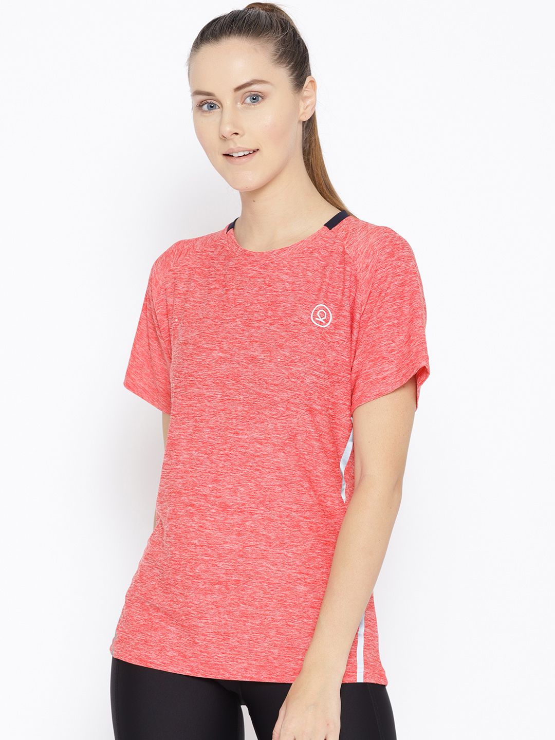 Chkokko Women Coral Pink Self Design Round Neck Training T-shirt Price in India