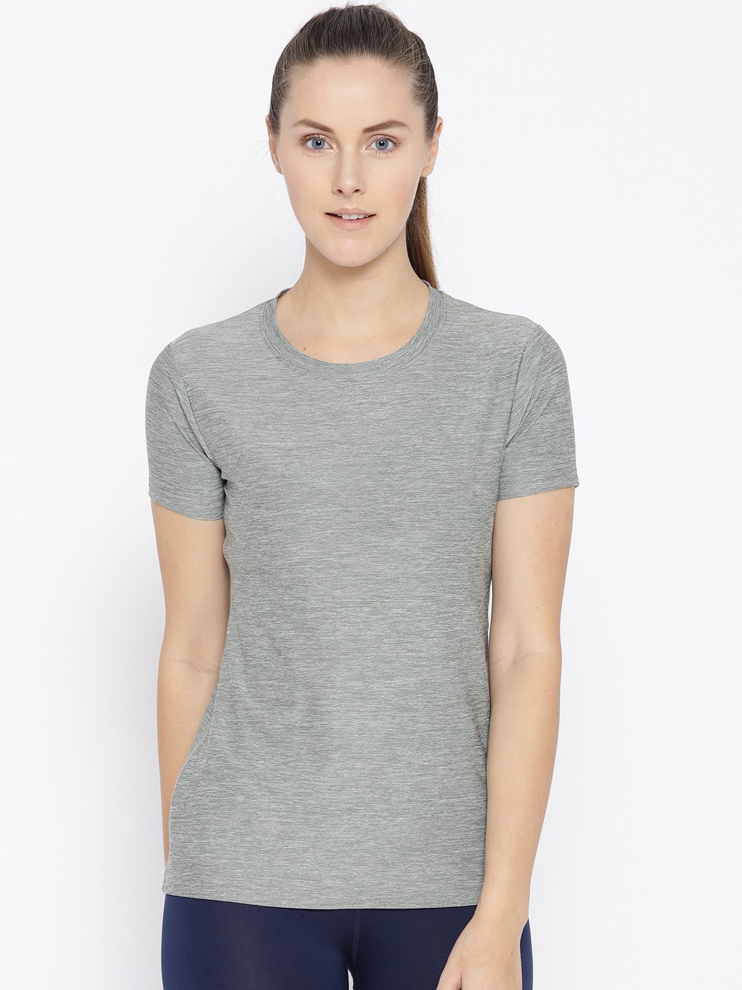 Chkokko Women Grey Melange Solid Round Neck Running T-shirt Price in India
