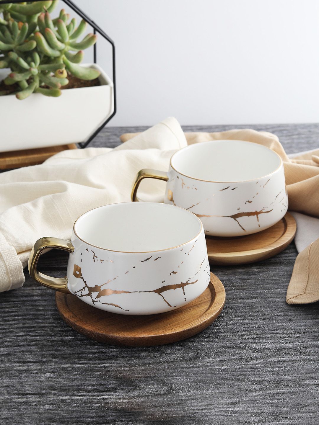 OddCroft White & Gold-Toned 2-Pieces Printed Ceramic Tea Cups & Saucer Price in India