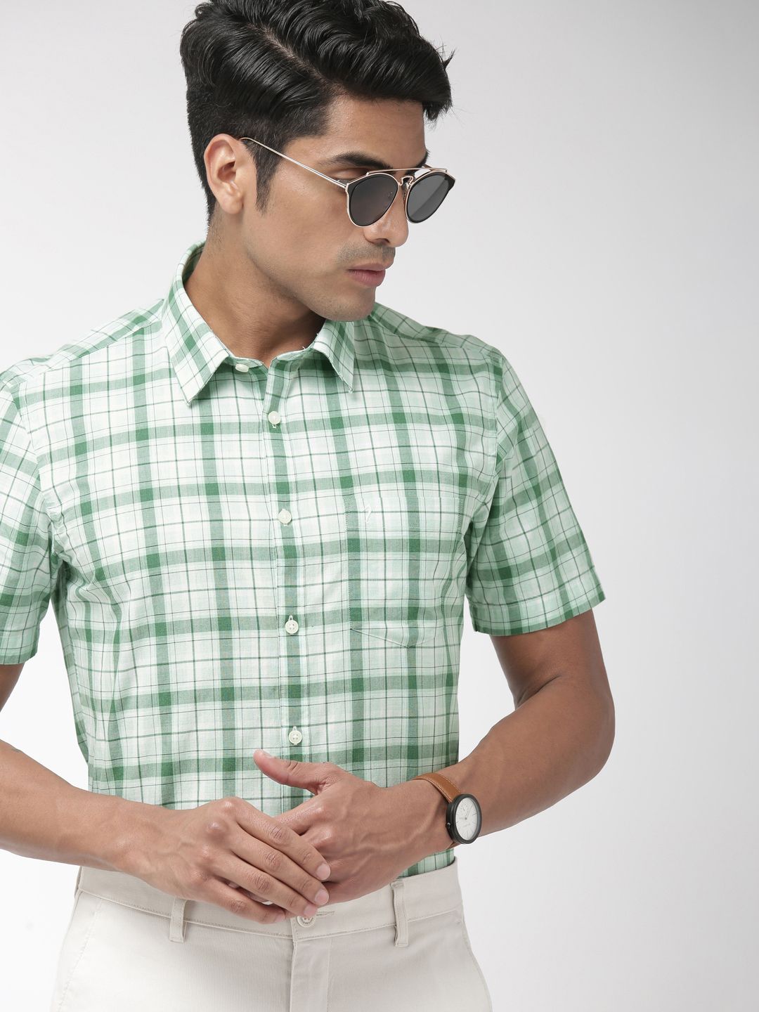 Indian Terrain Men Green & White Slim Fit Checked Casual Shirt