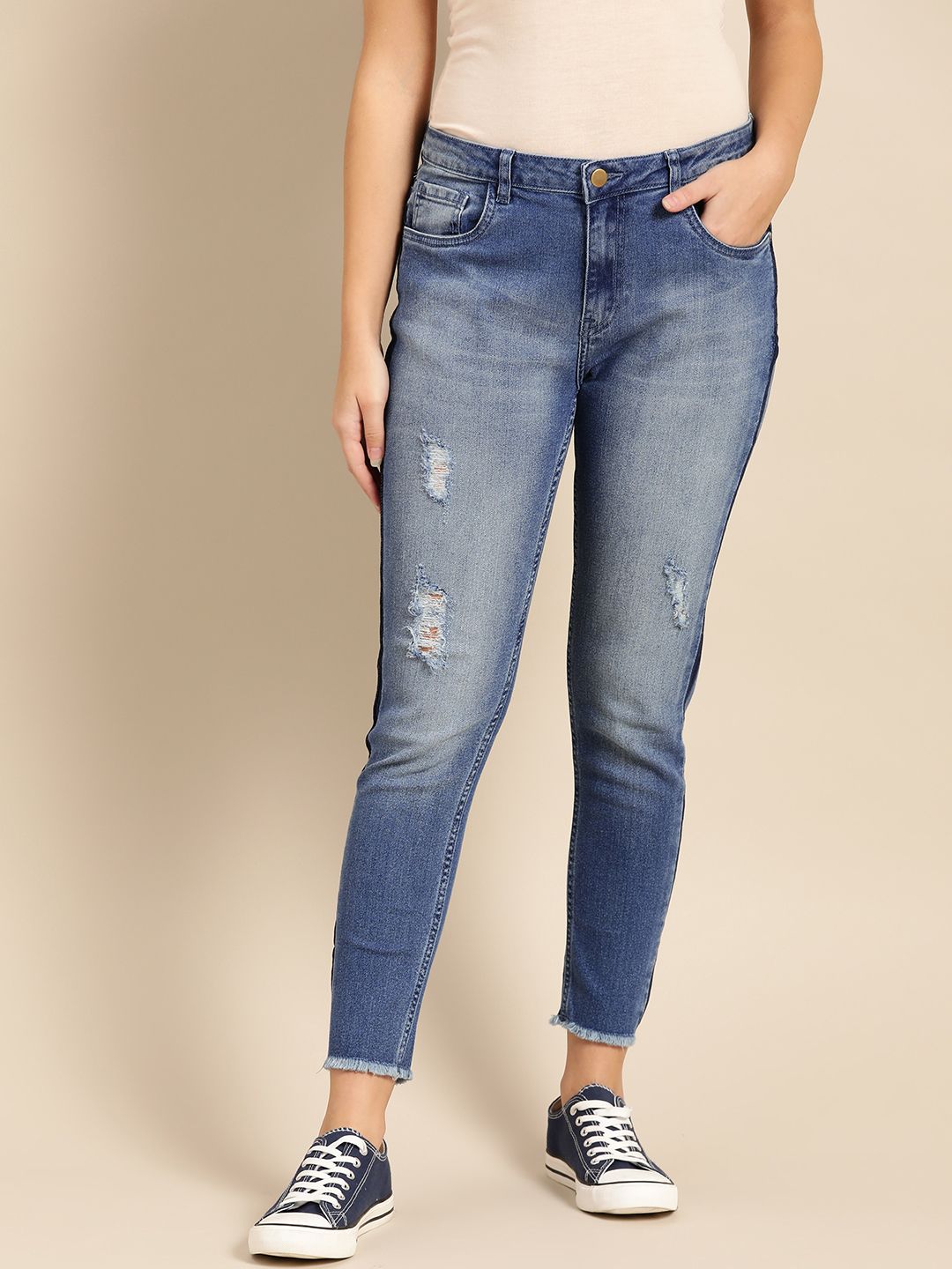 DressBerry Women Blue Skinny Fit Mid-Rise Low Distress Stretchable Cropped Jeans Price in India