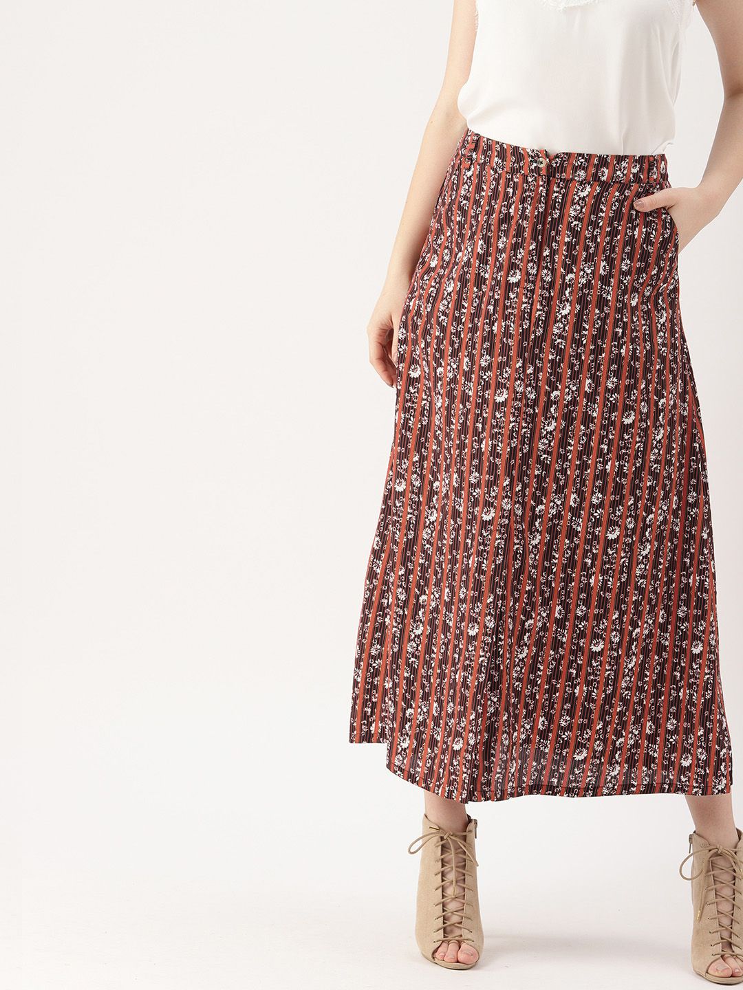 DressBerry Women Maroon & Black Striped A-Line Skirt