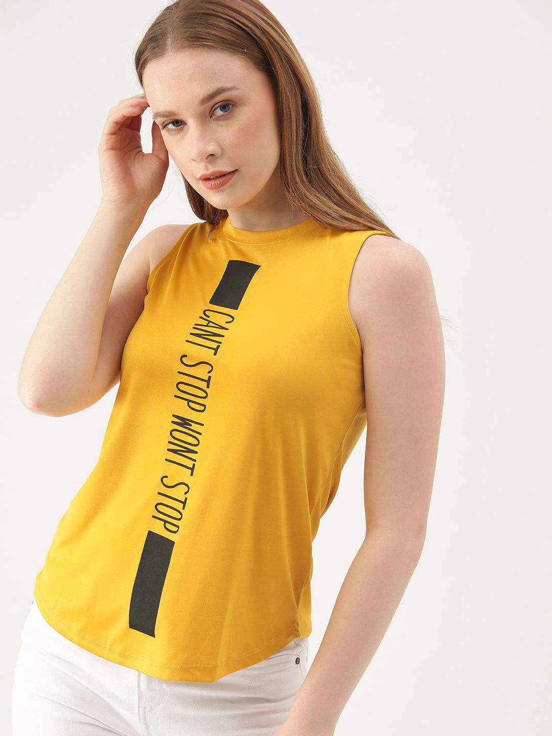 DressBerry Women Mustard Yellow Typography Printed Sleeveless T-shirt Price in India