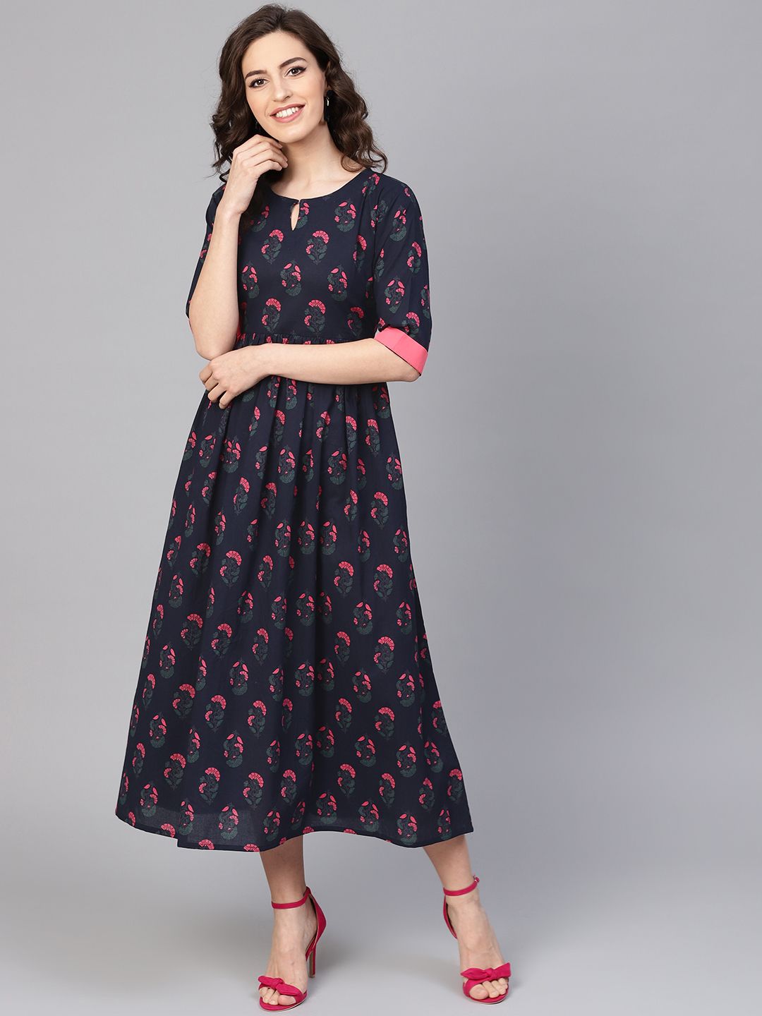 GERUA Women Navy Blue & Pink Printed Midi A-Line Dress