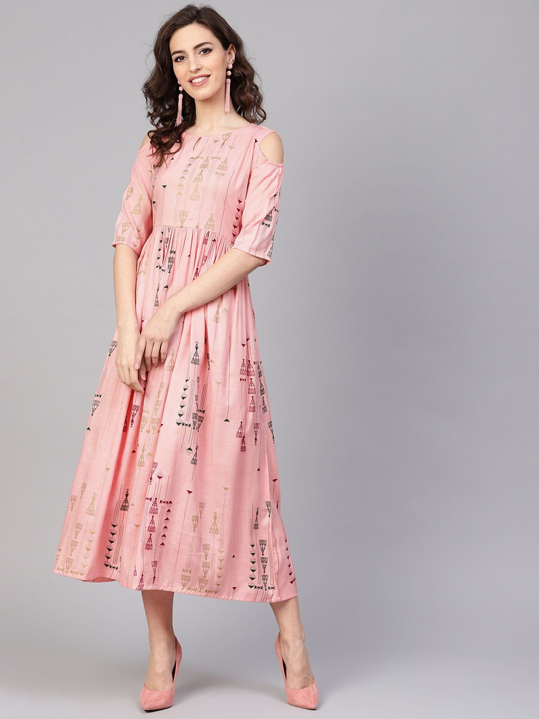 GERUA Women Pink Quirky Print Midi A-Line Dress